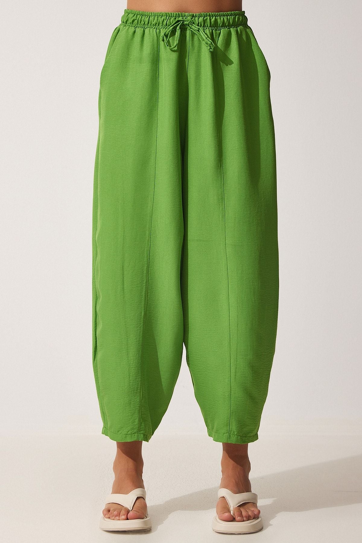 Female Live Green Pocket Linen Viscose Shalwar Pants CV00001