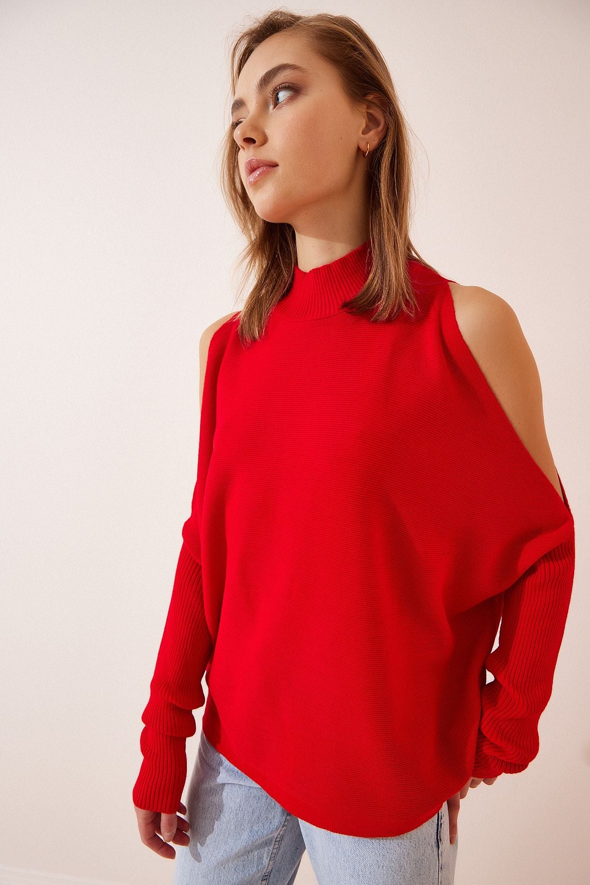Woman Red Cut Out Detailed Oversize Knitwear Sweater AS00015