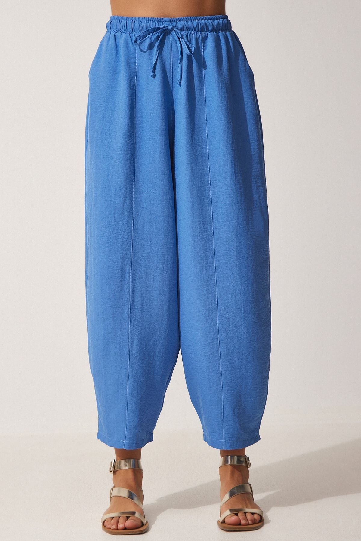 Female Blue Pocket Linen Viscose Shalwar Pants CV00001