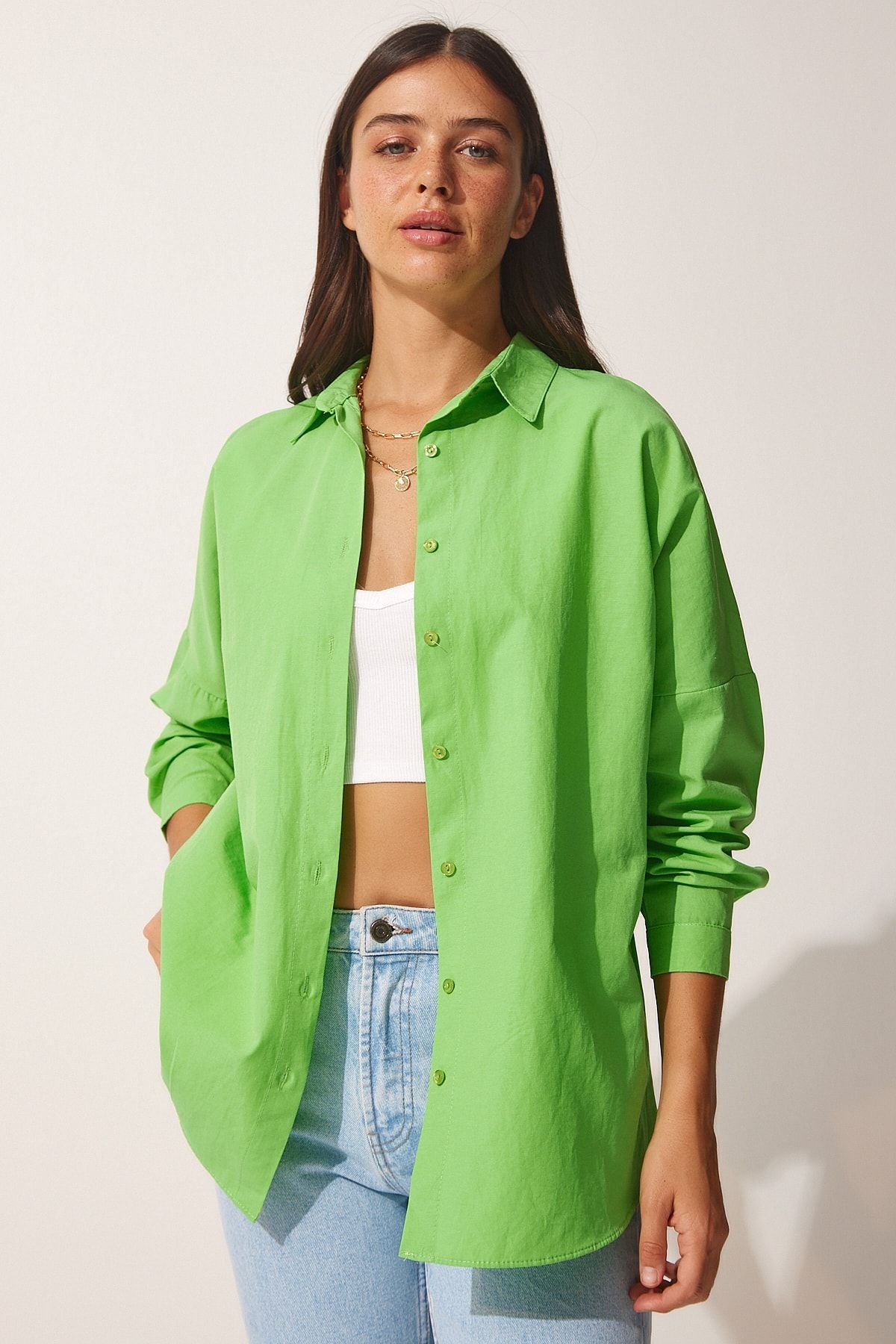 Woman Middle Green Oversize Long Basic Shirt DD00842