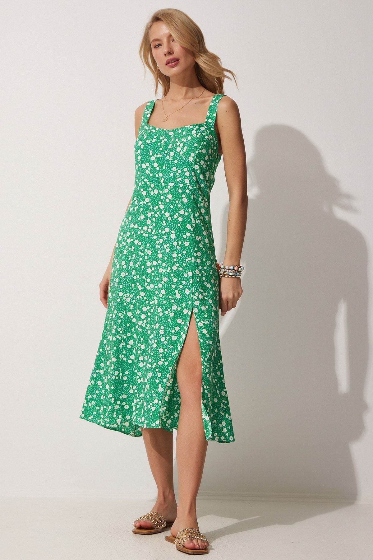 Female Green Cream Square Yaka Floral Summer Viscose Dress DD01208