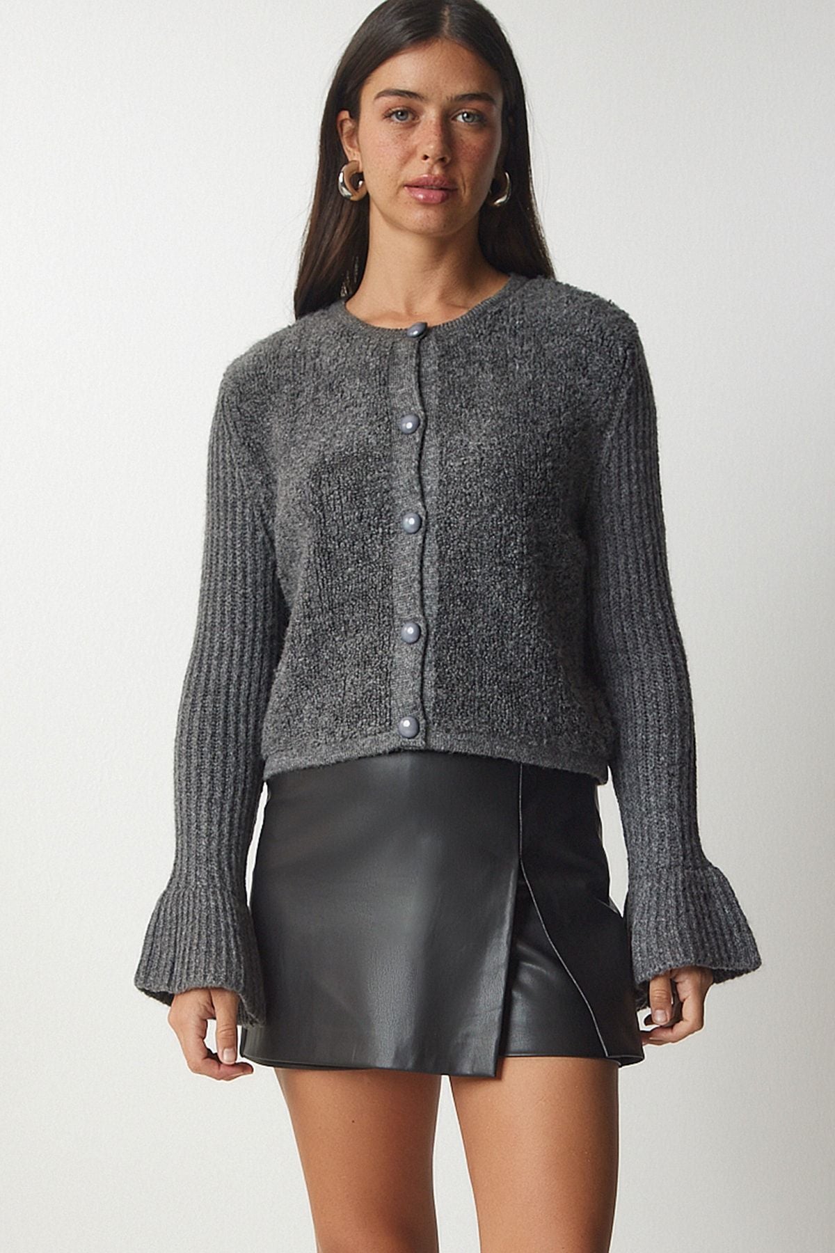 Female Gray Button Bouquet Triko Cardigan YY00152