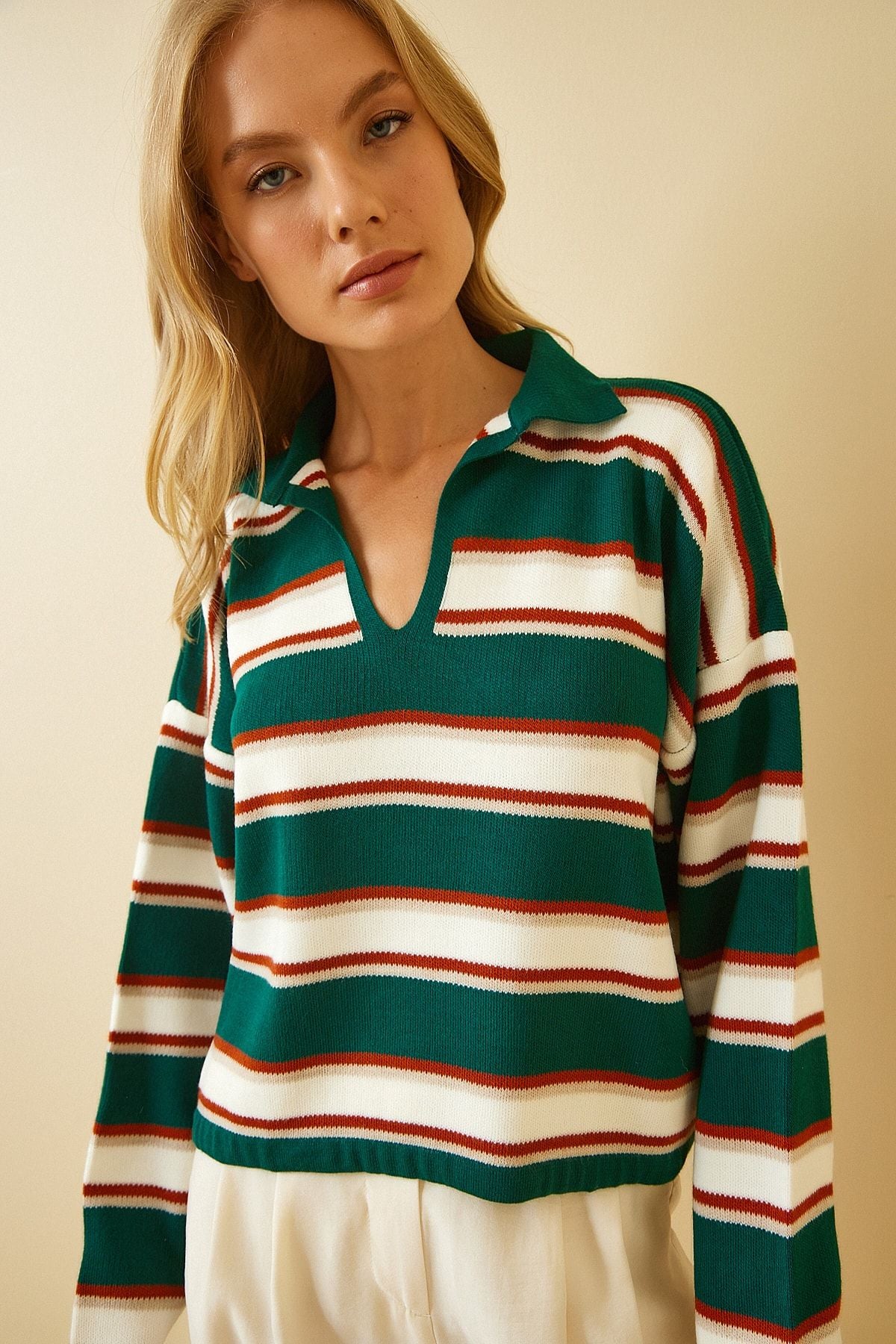 Female Green Polo Yaka striped Crop Knitwear Kazakh Ki00056