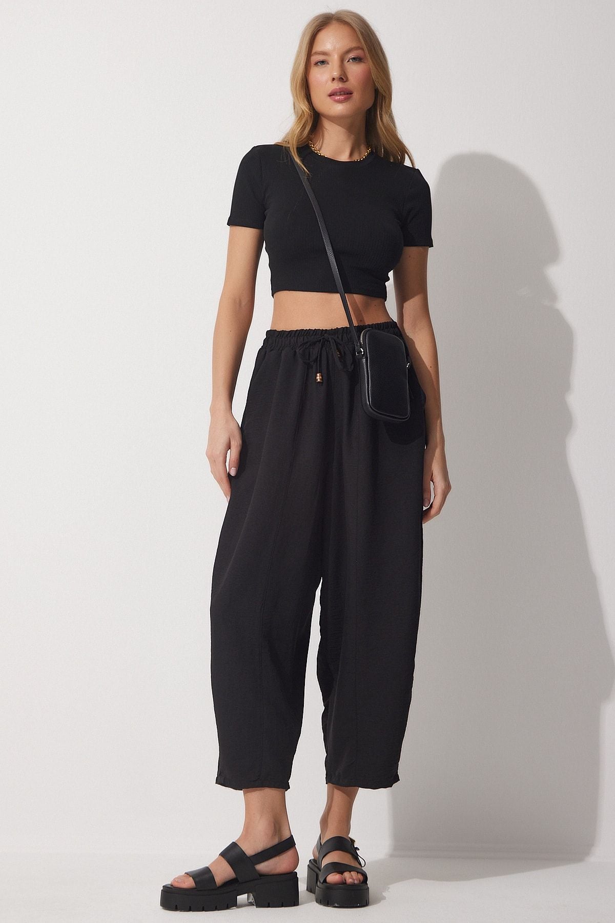 Female Live Black Pocket Linen Viscose Shalwar Pants CV00001