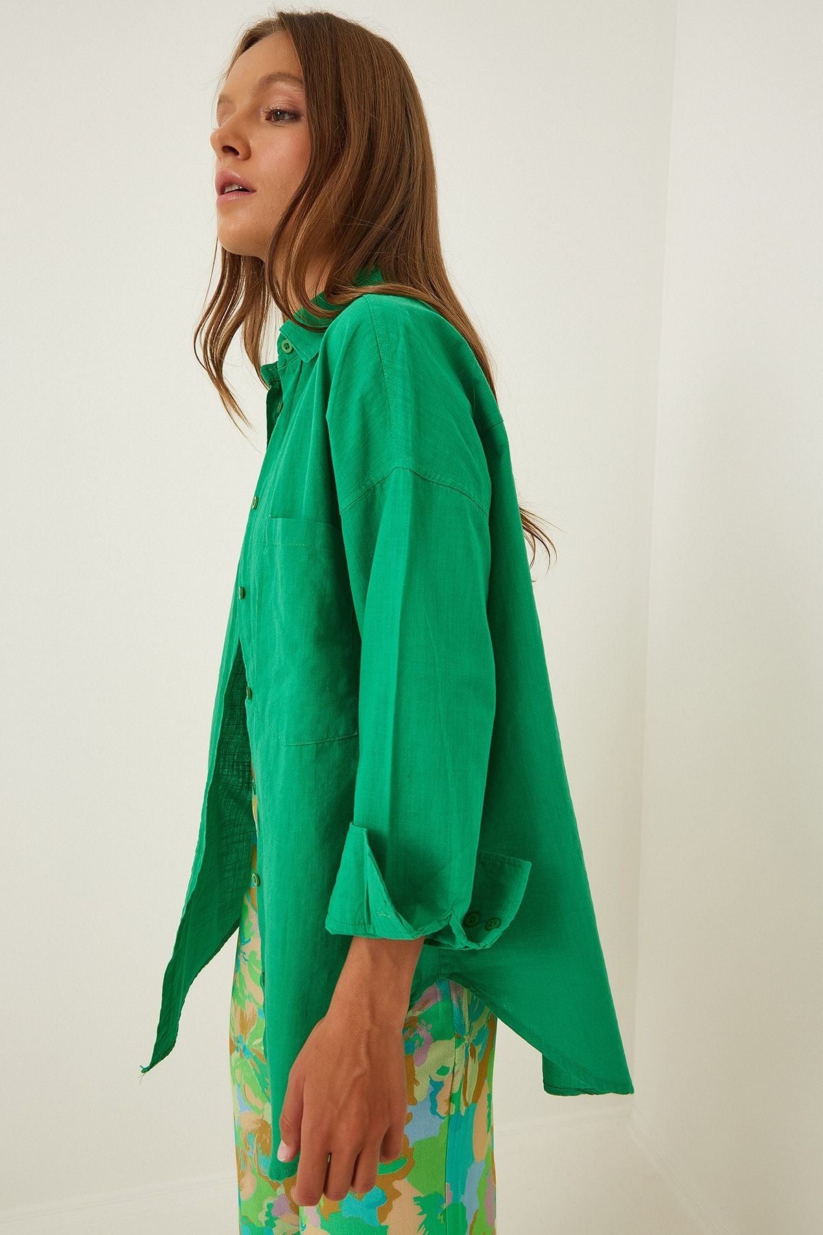 Woman Live Green Oversize Long Linen Shirt HF00371