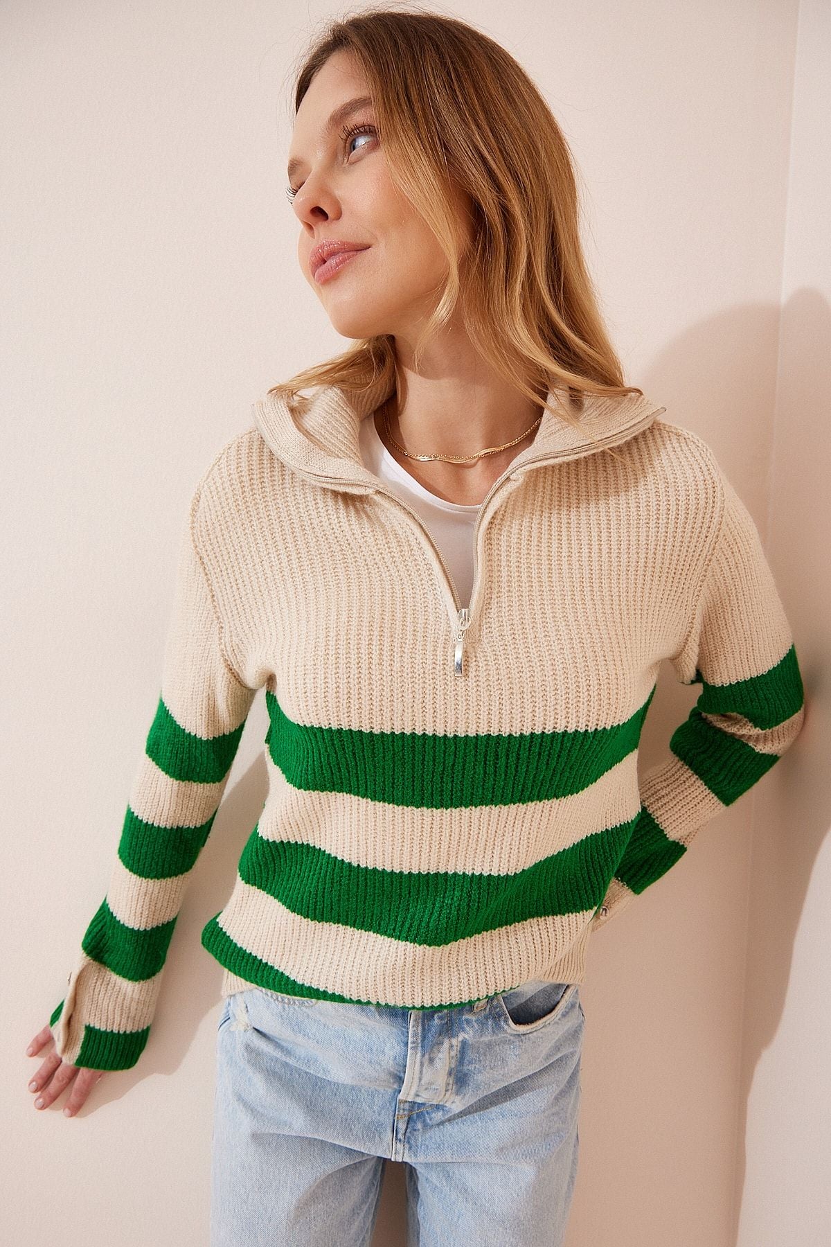 Women's Cream Green Zippered Fisherman Neckline Triko Sweater LX00042