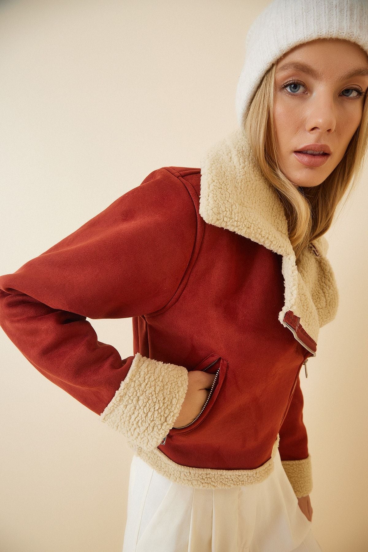 Women's Tile Plush Fur Detailed Artificial Leather Biker Coat BJ00016