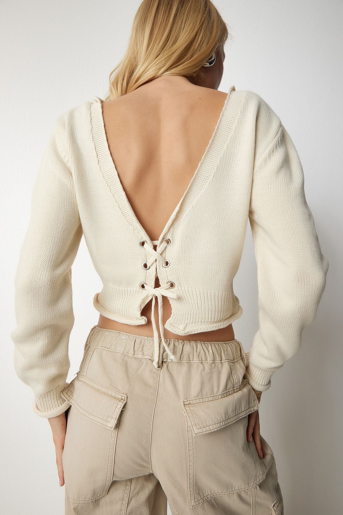 Women's Cream Ridle Open Crop Knitwear sweater PF00004