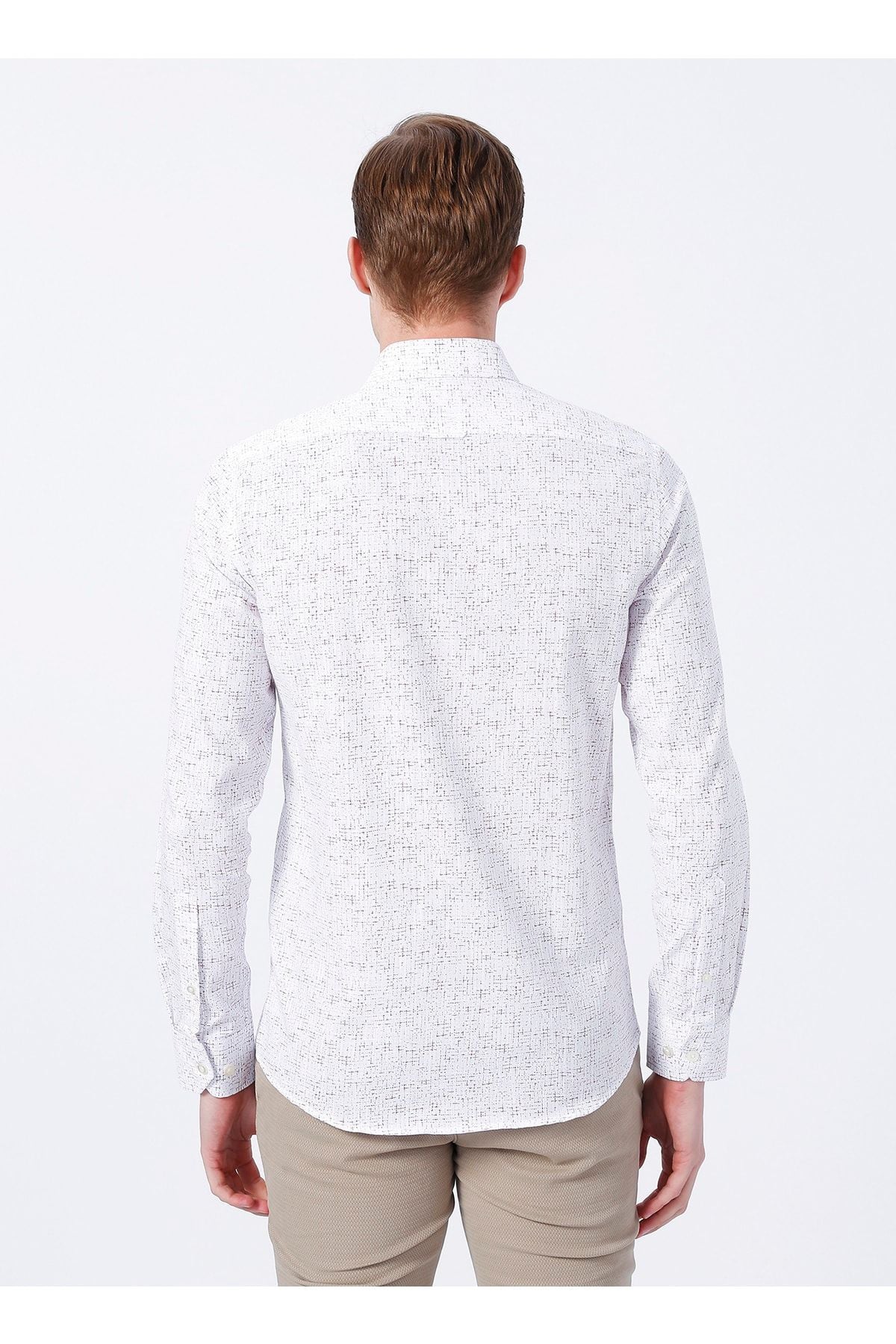 Men's White - Bordeaux Slim Fit Narrow Cutting Buttoned Neck 100 %Cotton Printed Shirt
