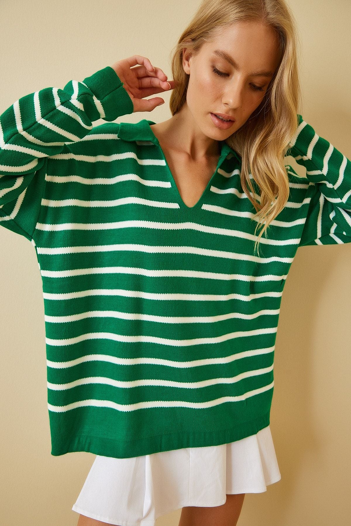 WOMEN'S GREEN WHITE Polo Yaka Crop Knitwear sweater US00293