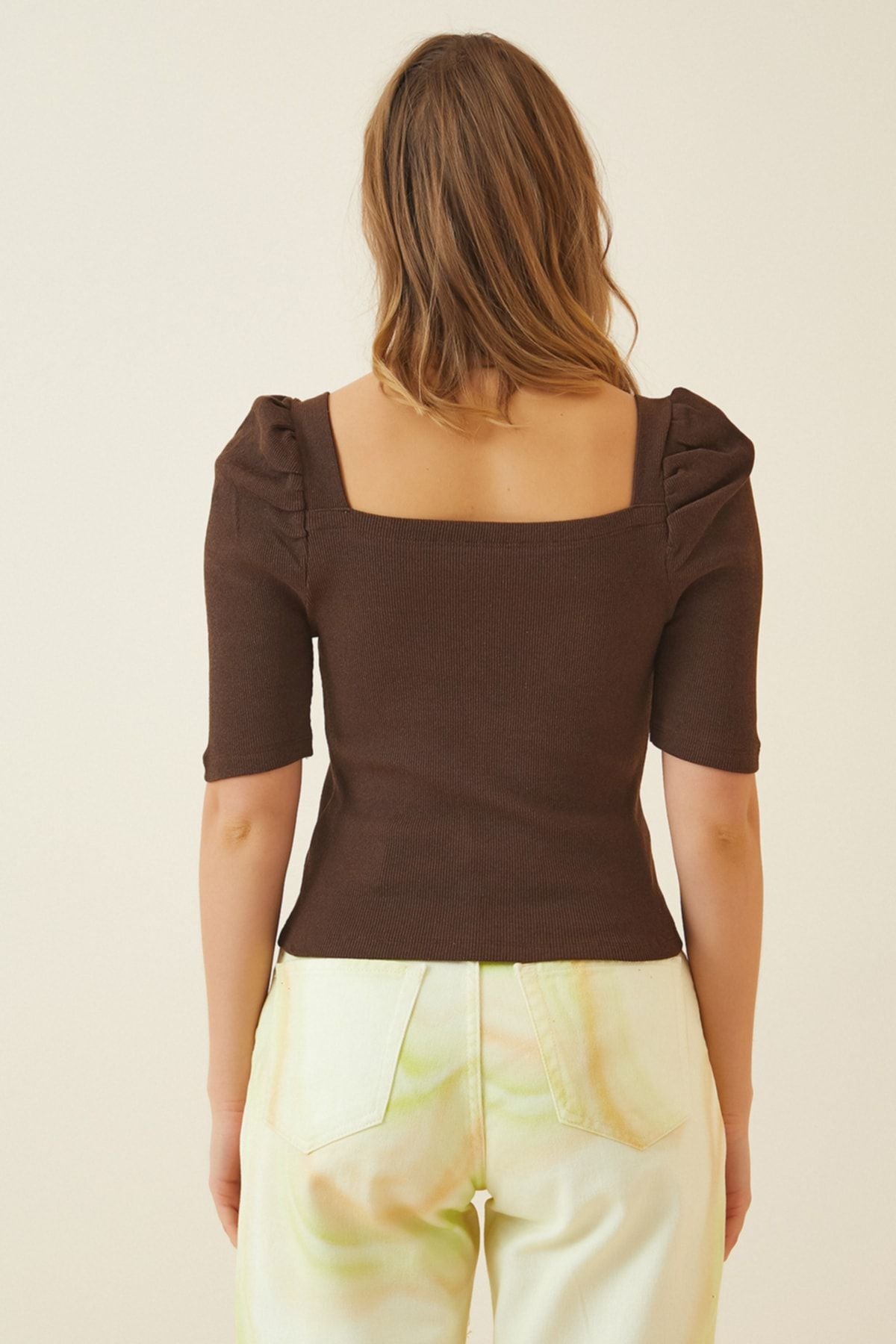 Female Brown Square Collar Crop Blouse GT00007