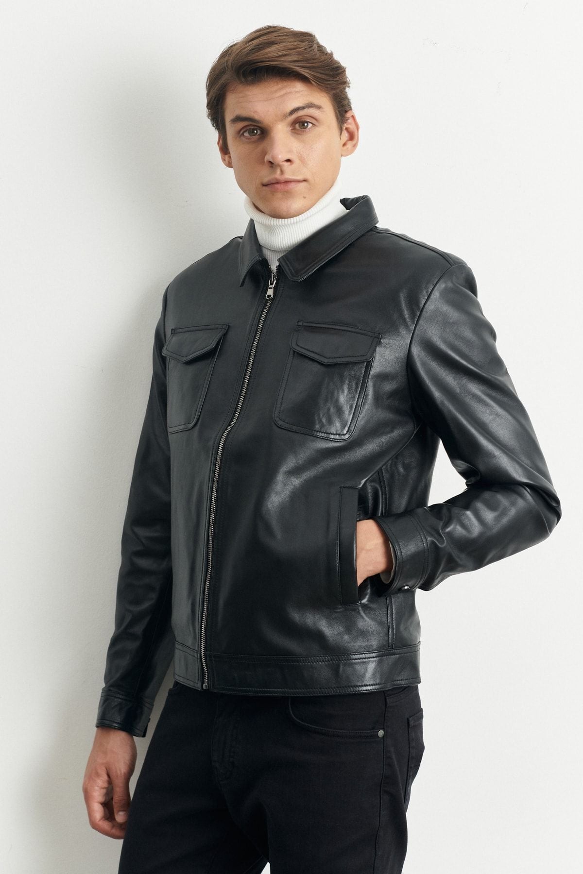 Male black 100 %genuine leather jacket standard fit normal cut baby collar