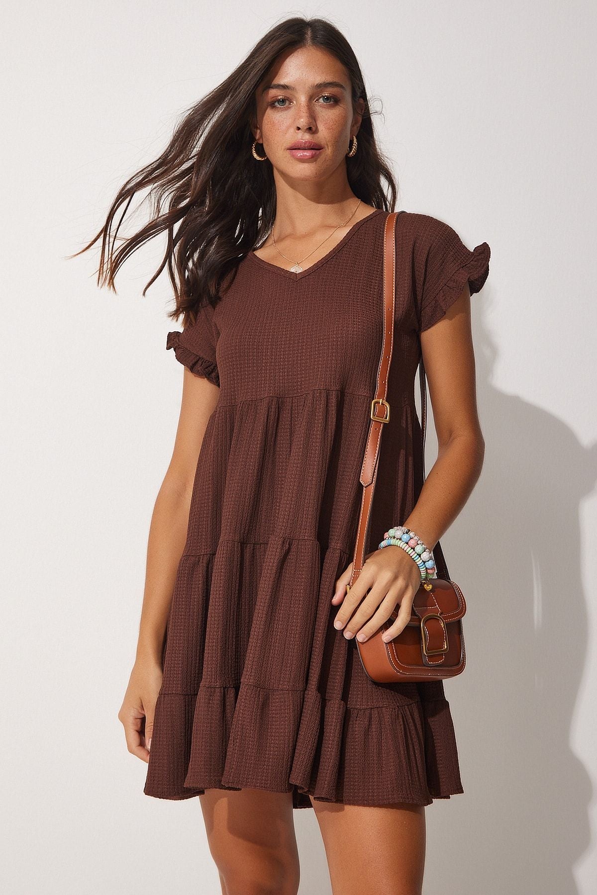 Woman Brown V -Neck Flash Summer Knitting Dress Dz00079