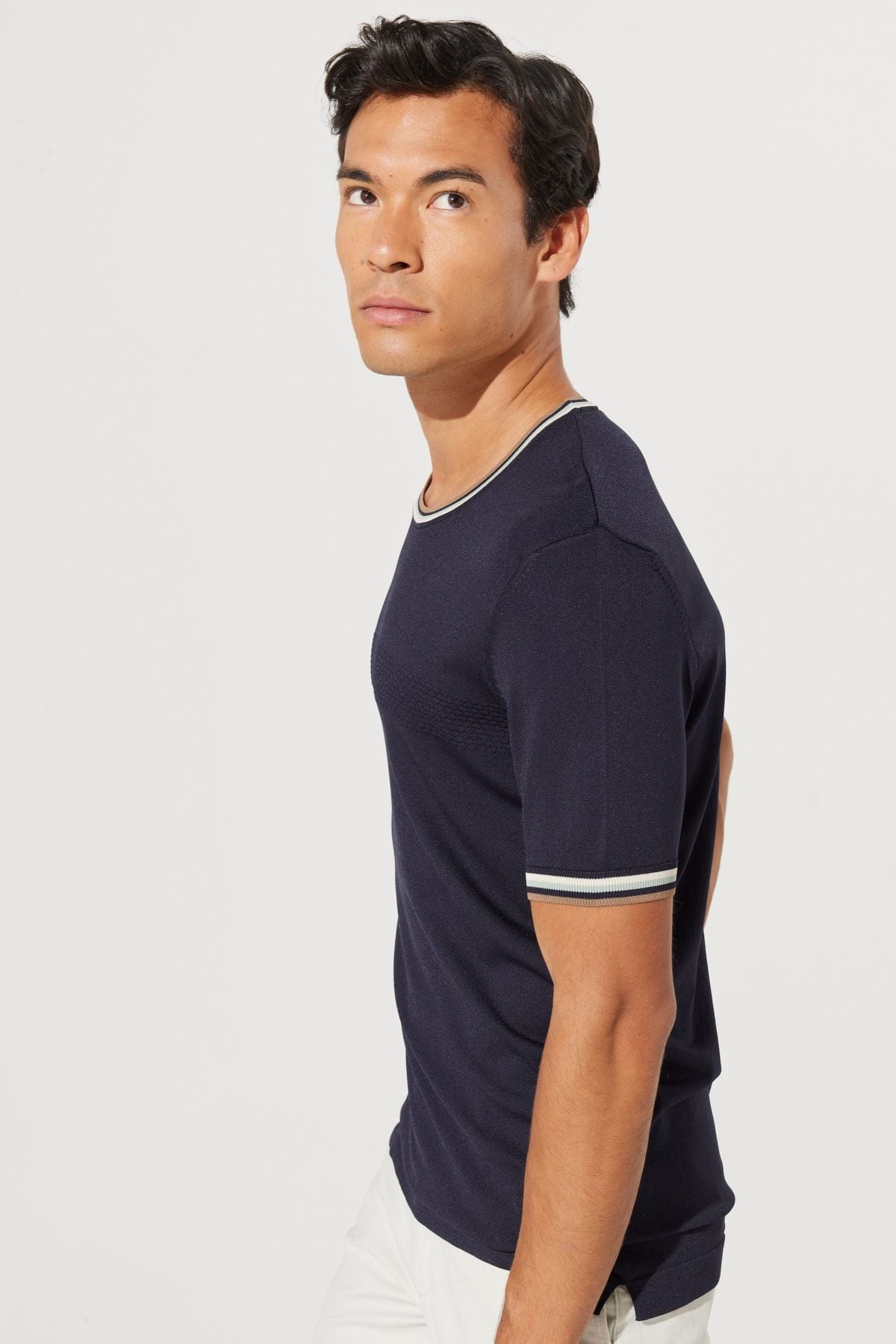 Men's navy blue standard fit normal cut bike collar 100 %cotton striped knitwear T -shirt