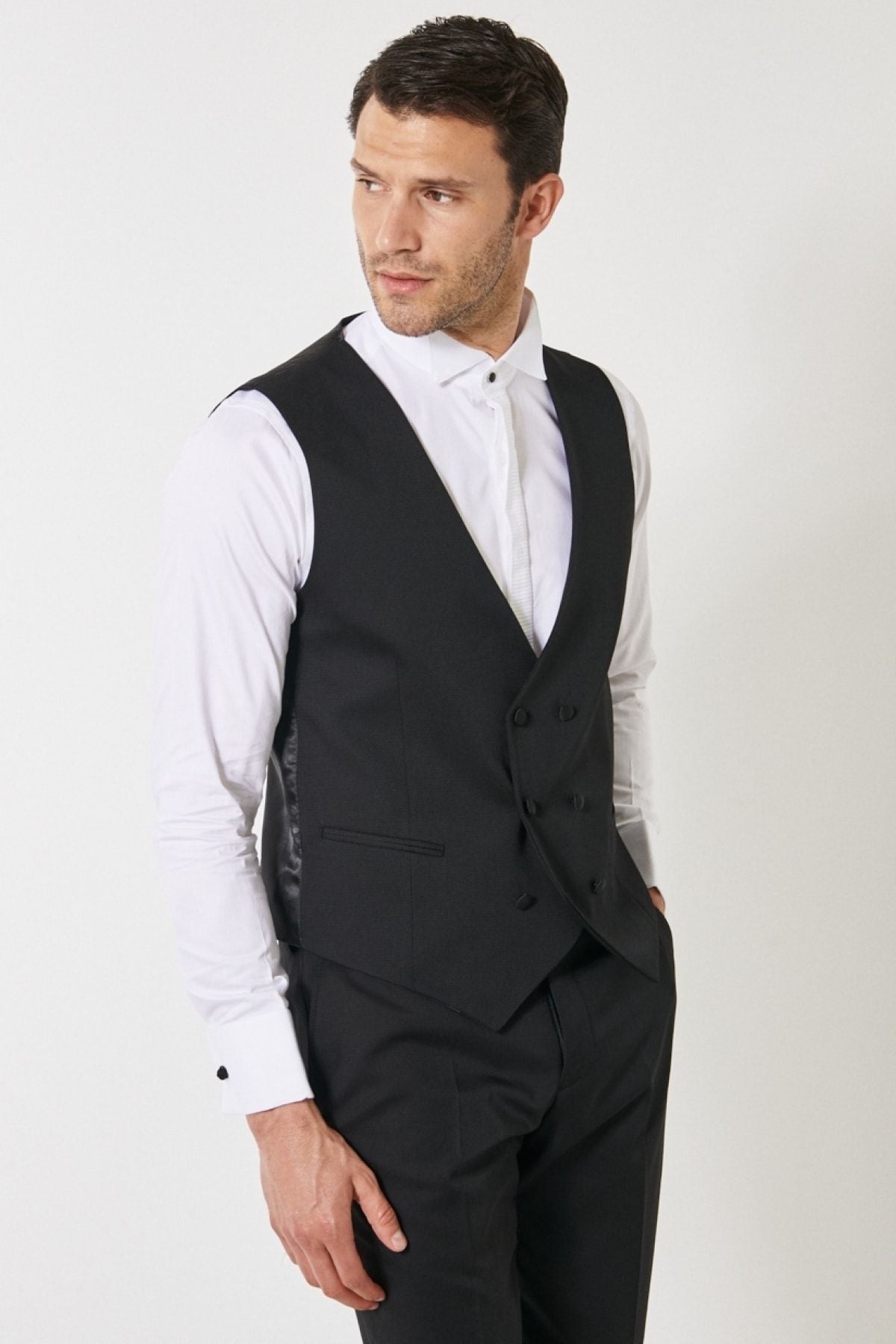 Men's Black Slim Fit Narrow Cut V -Neck Patternic Classic Vest