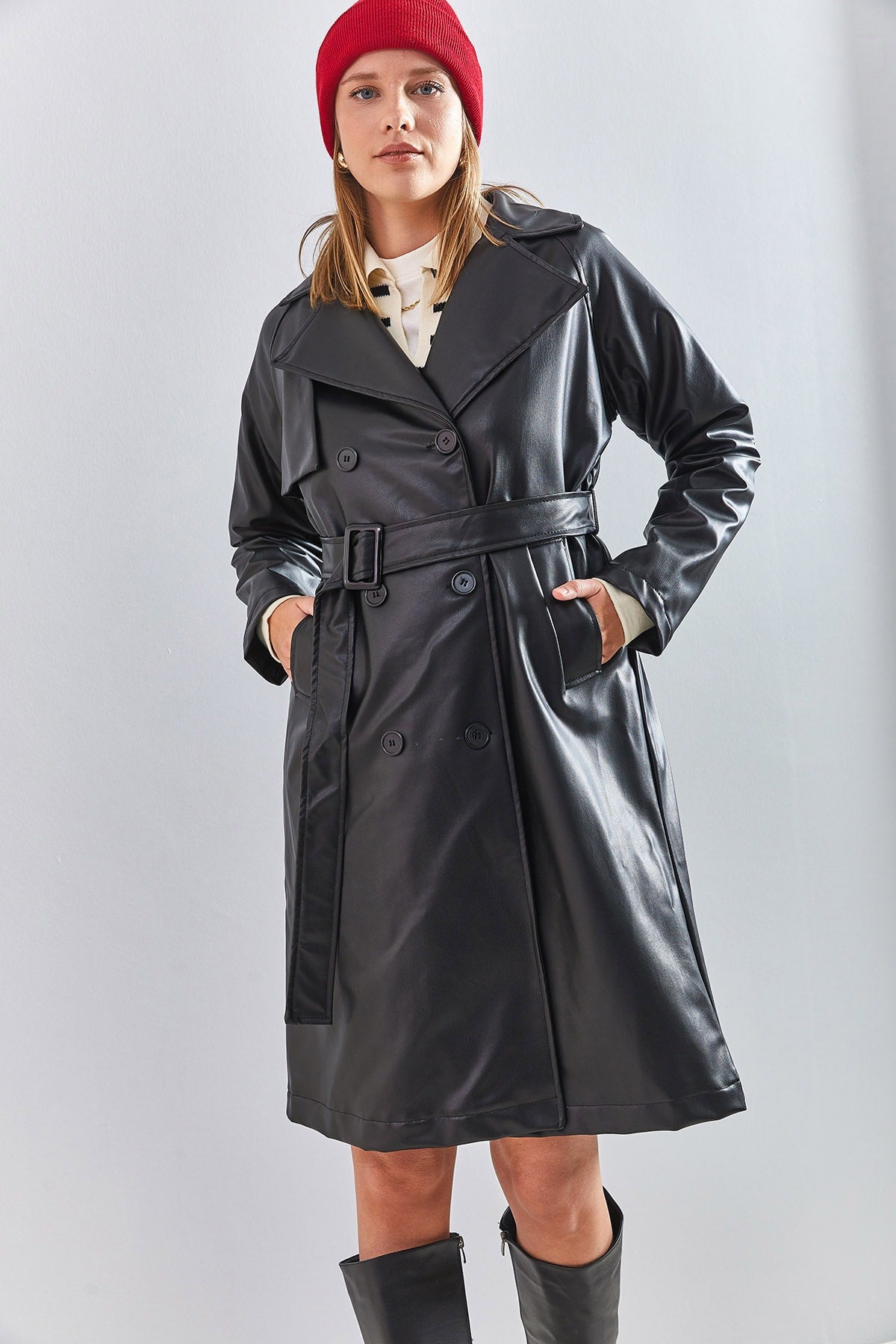 Women's 6 Button Belted Leather Overcoat 2246 40111011