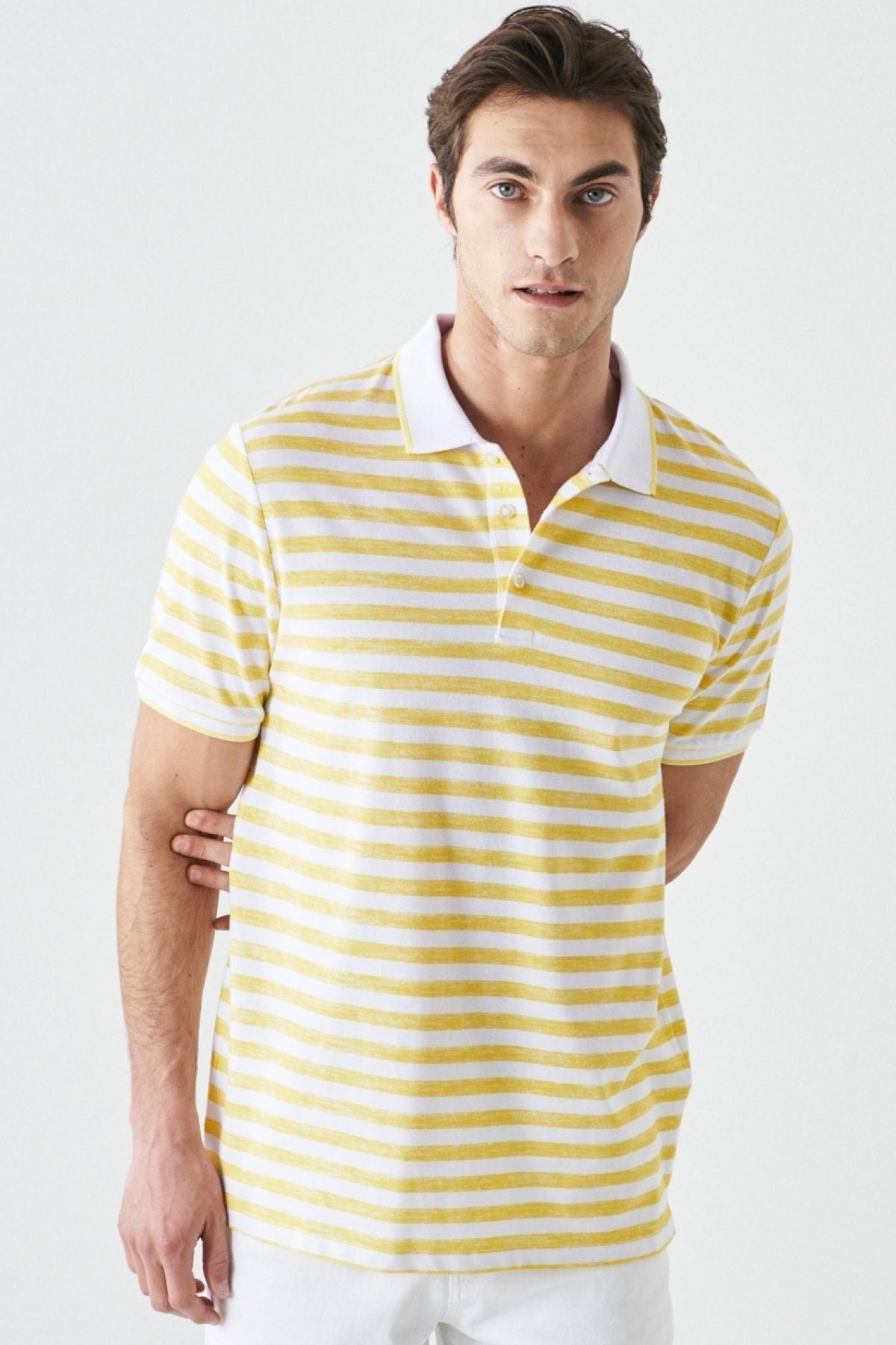 Men's white yellow slim fit narrow cut polo collar striped casual T -shirt