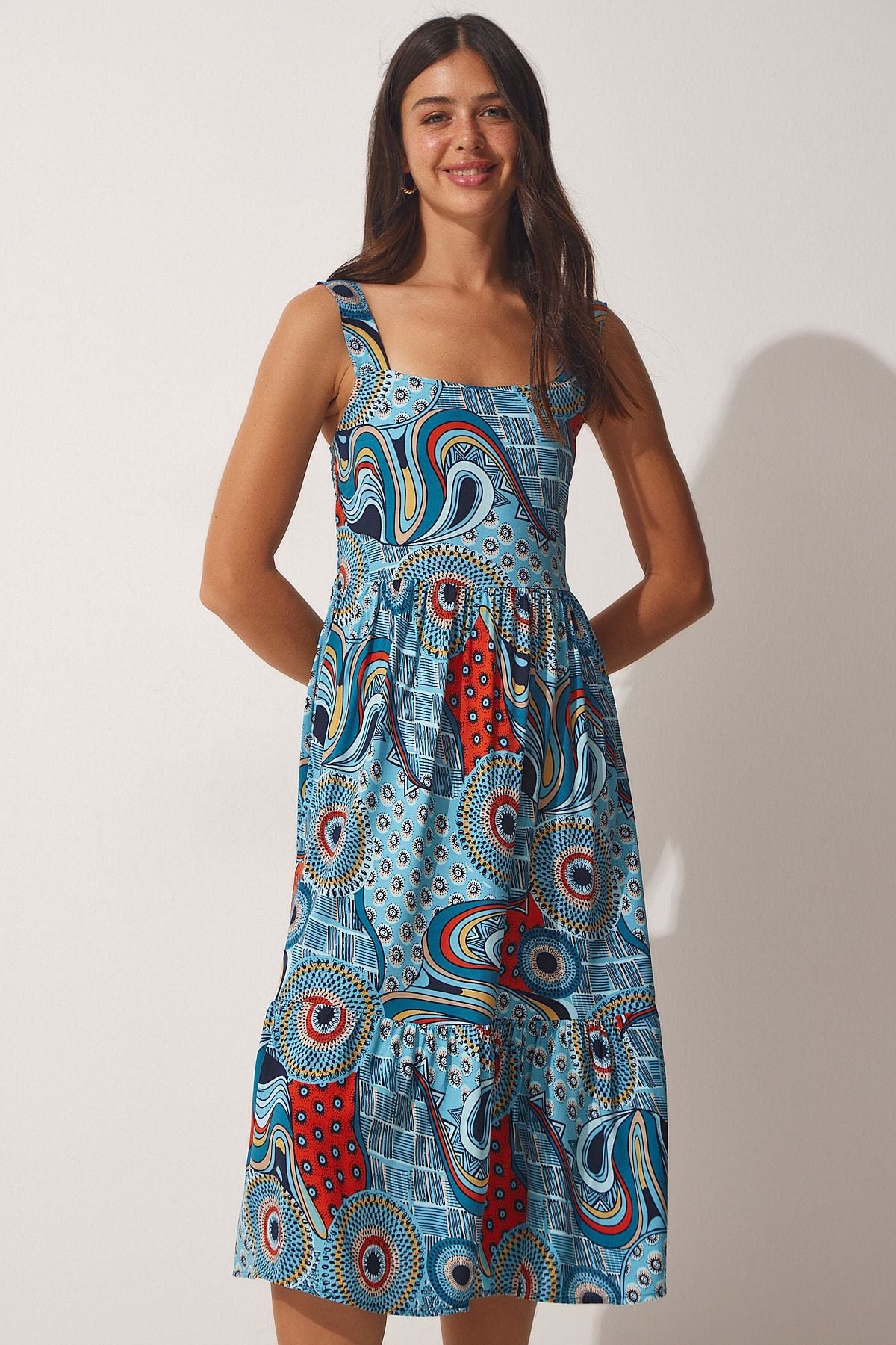 Women's Blue Flower Square Yol Summer Viscose Dress DD01189