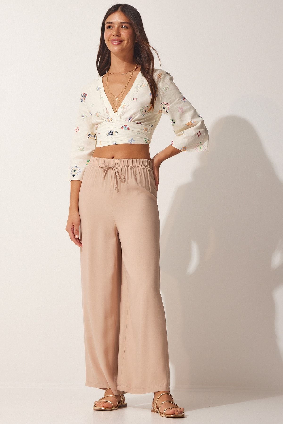 Female Beige Cotton Viscose Palazzo Pants BV00076