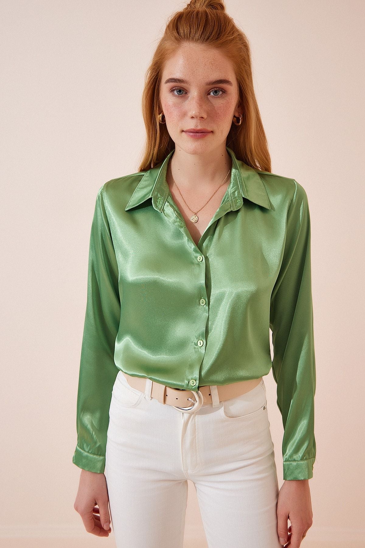 Female peanut green lightly draped satin surface shirt DD00990