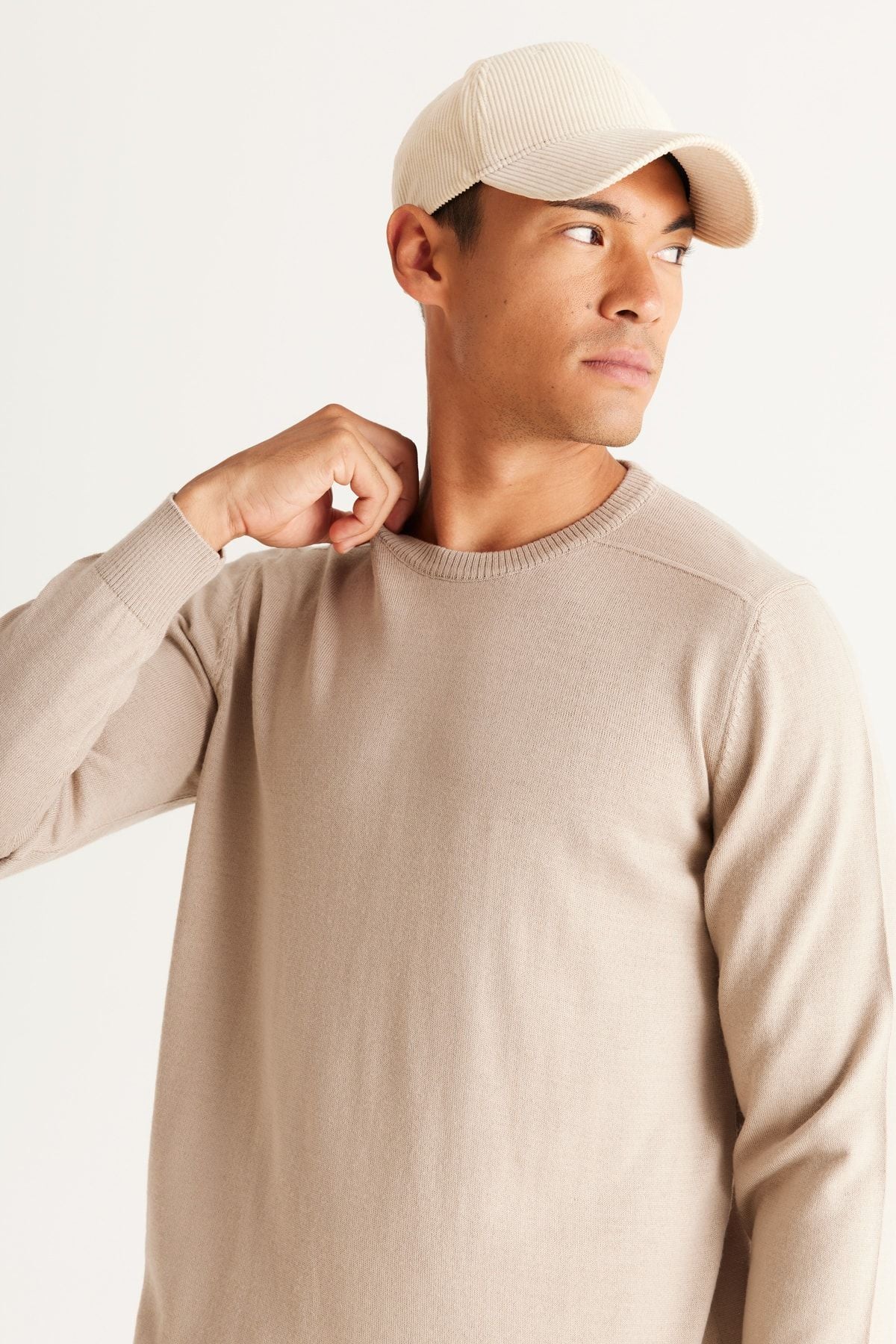 Men's beige standard fit normal cut bike collar knitwear sweater