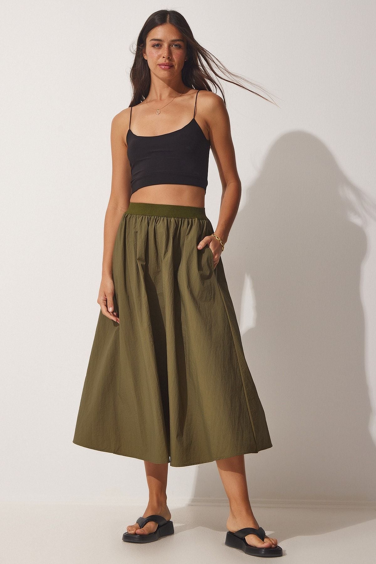 Woman Khaki Balloon Parachute Midi Skirt UL00008