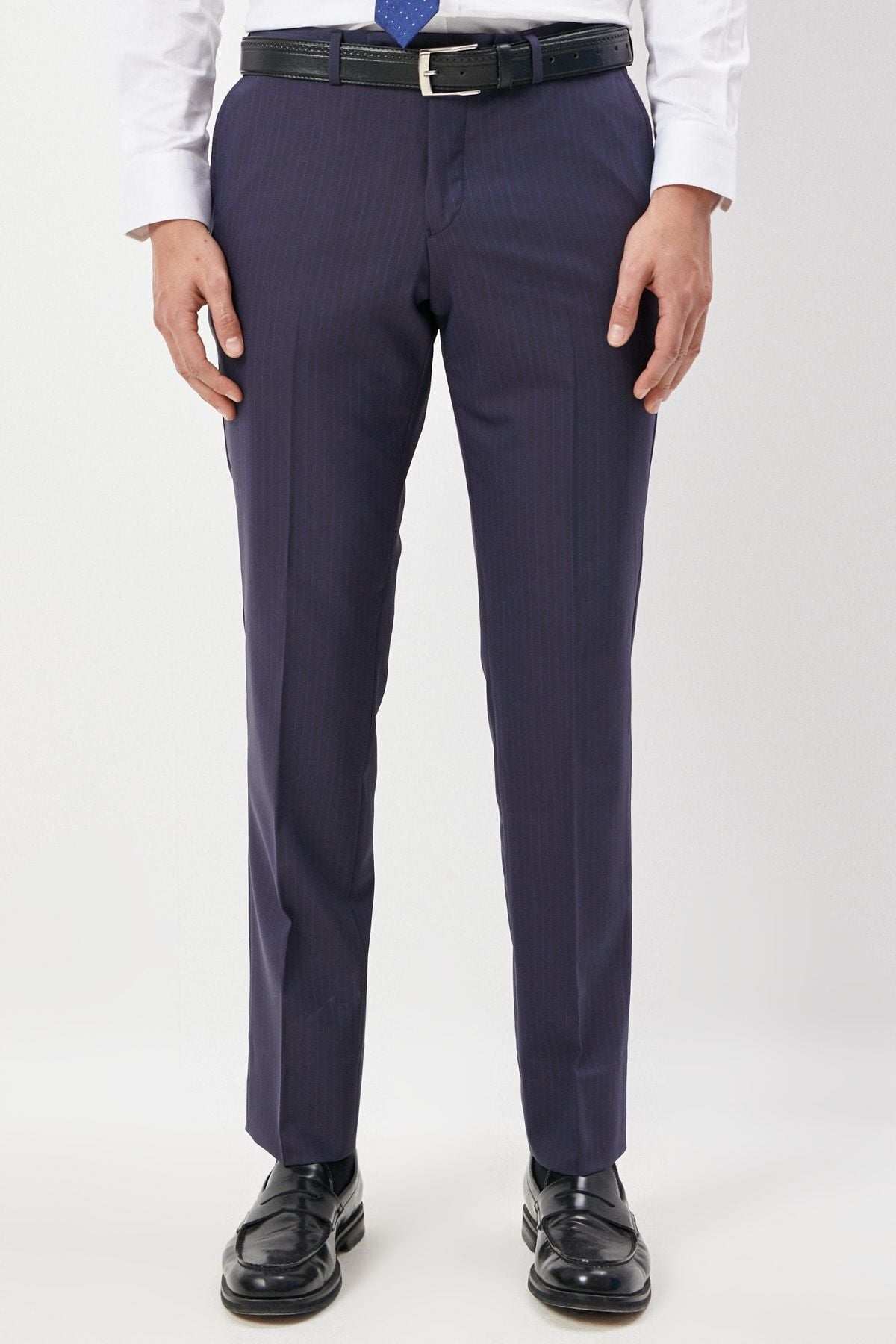 Men's navy blue slim fit narrow -cut swallow collar striped woolen suit