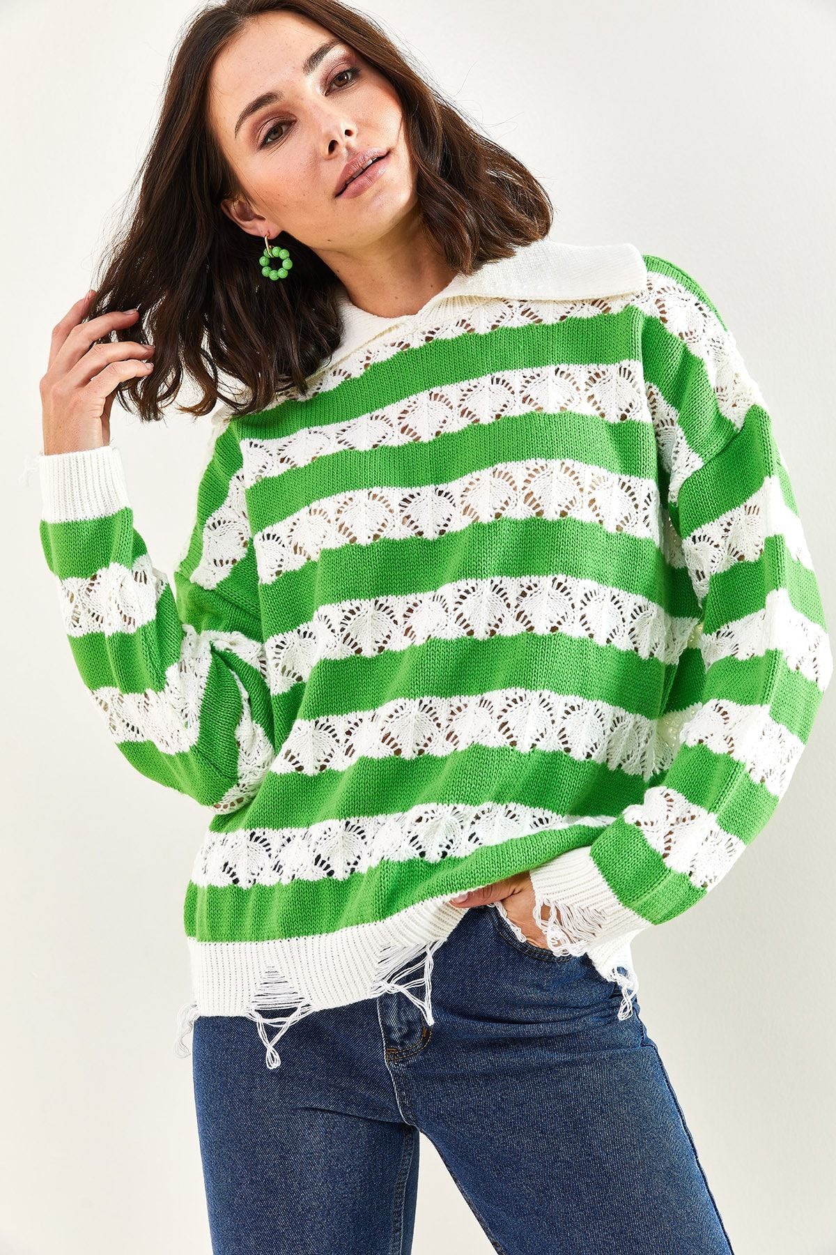 WOMEN'S Polo Yaka Torn Patterned Knitwear Sweater