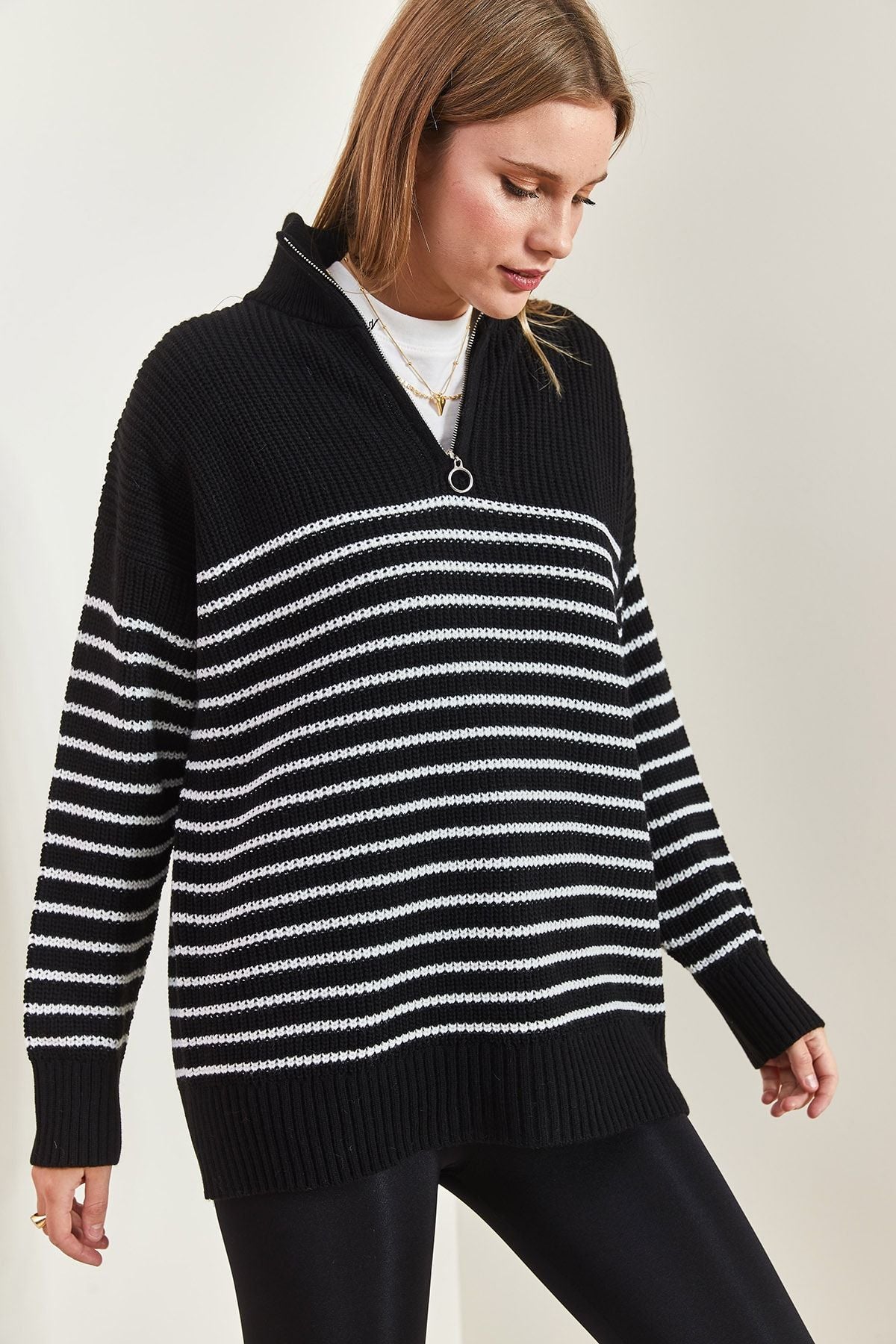 Female fisherman collar zipper six striped knitwear sweater