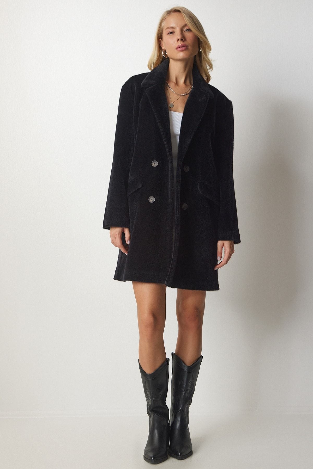 Female black rabbit feather -looking oversize coat MX00105