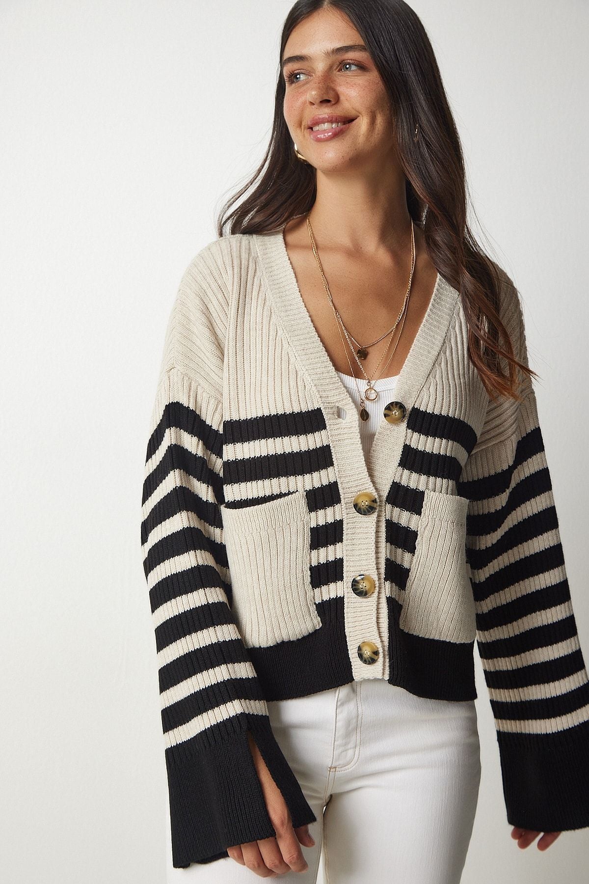 Women's Beige Black striped pocket knitwear cardigan BV00106