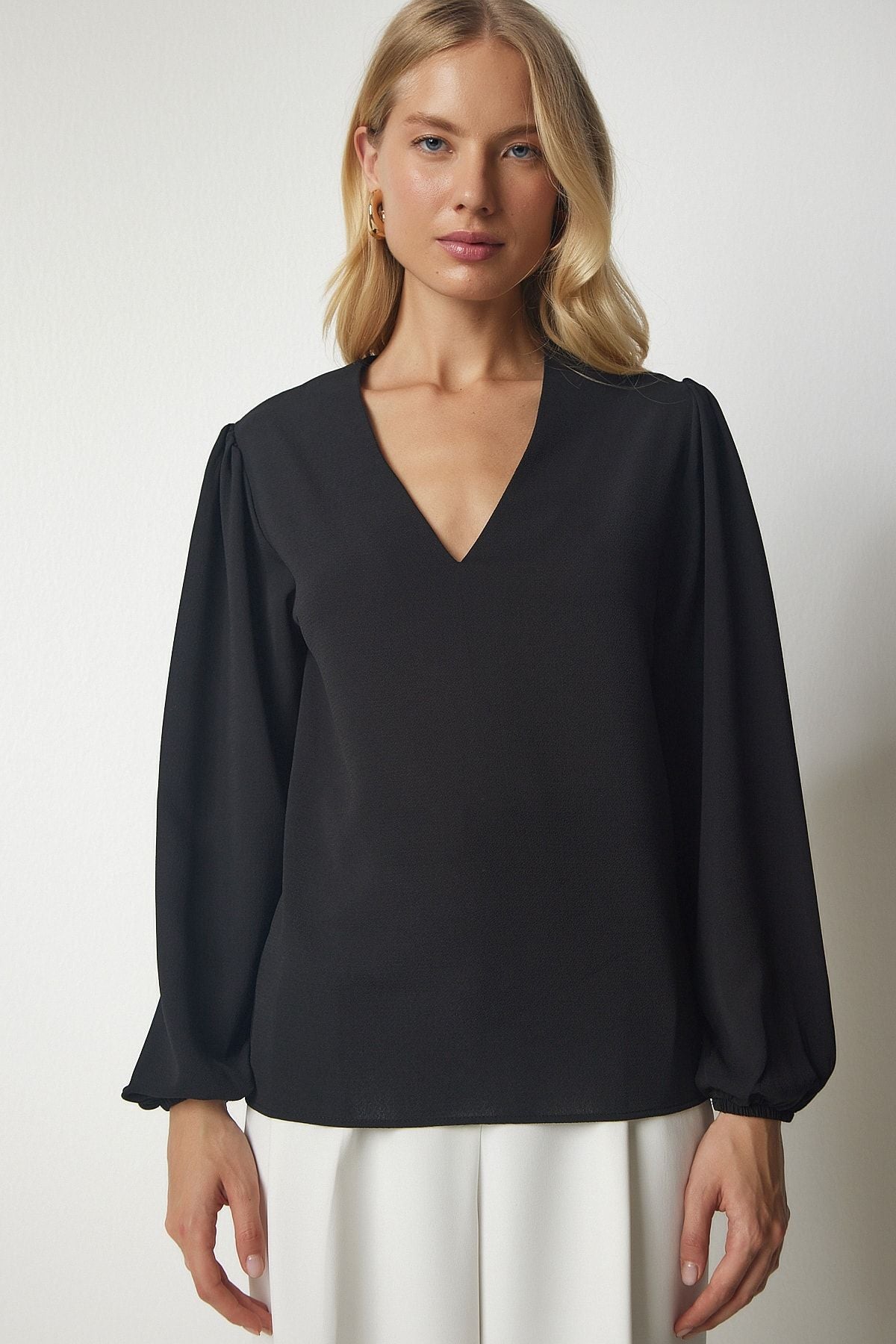 Female Black V -Neck Crepe Blouse UB00153