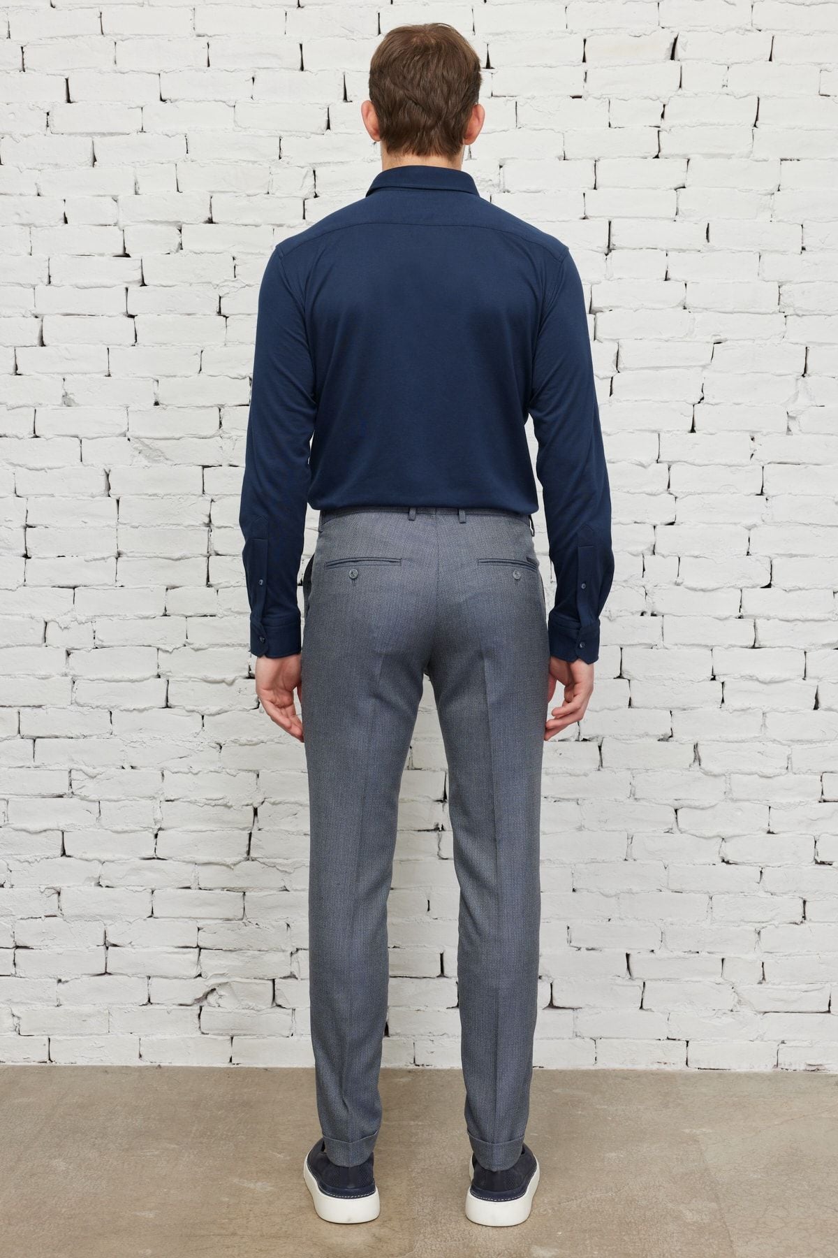 Men's navy blue-gray slim fit narrow cut patterned waist waist tire flexible pants