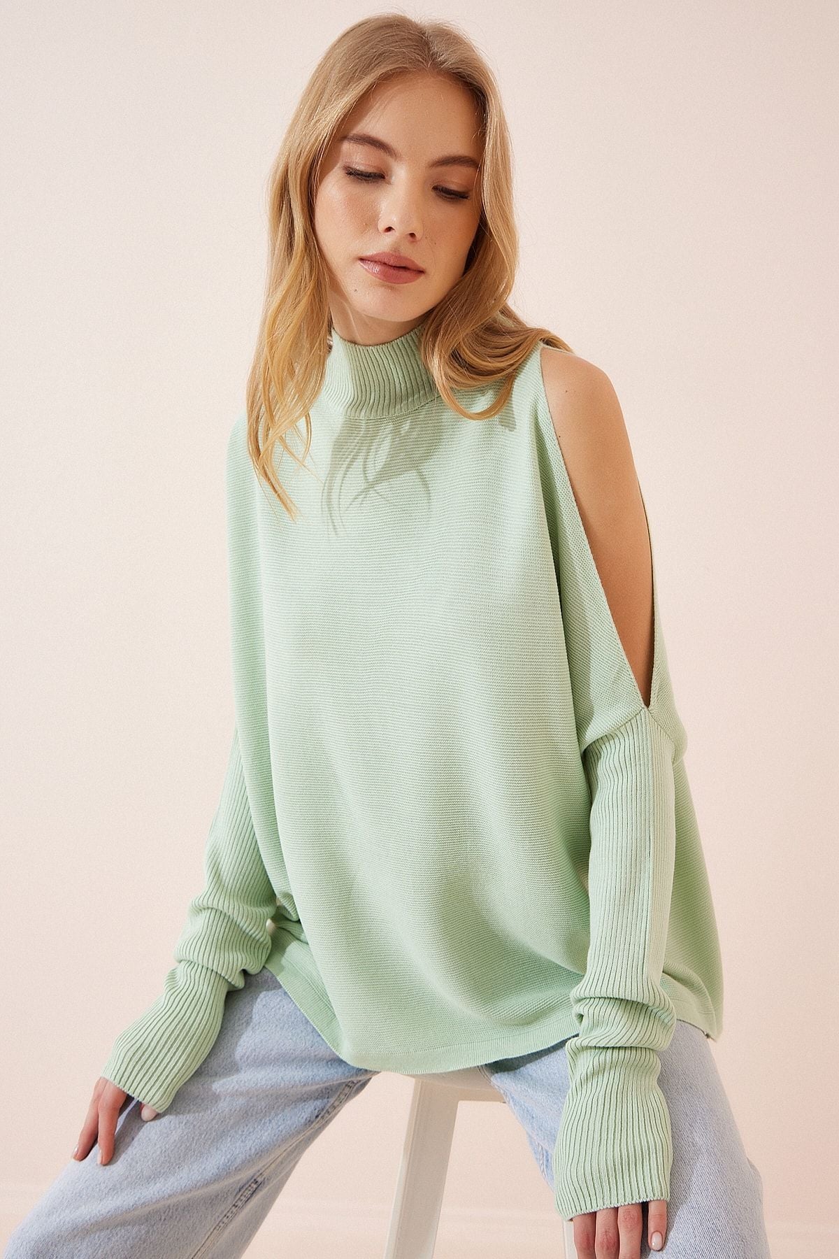 WOMEN'S WATER GREEN CUT OUT DETAILED OVERSIZE knitwear sweater as00015