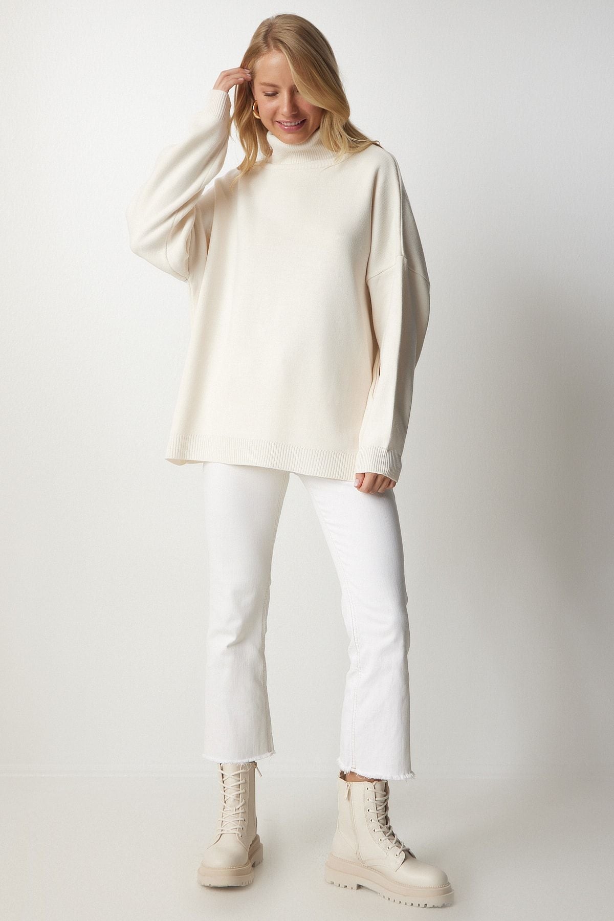 Women's Cream Fisherman Yaka Oversize Knitwear Sweater BV00084