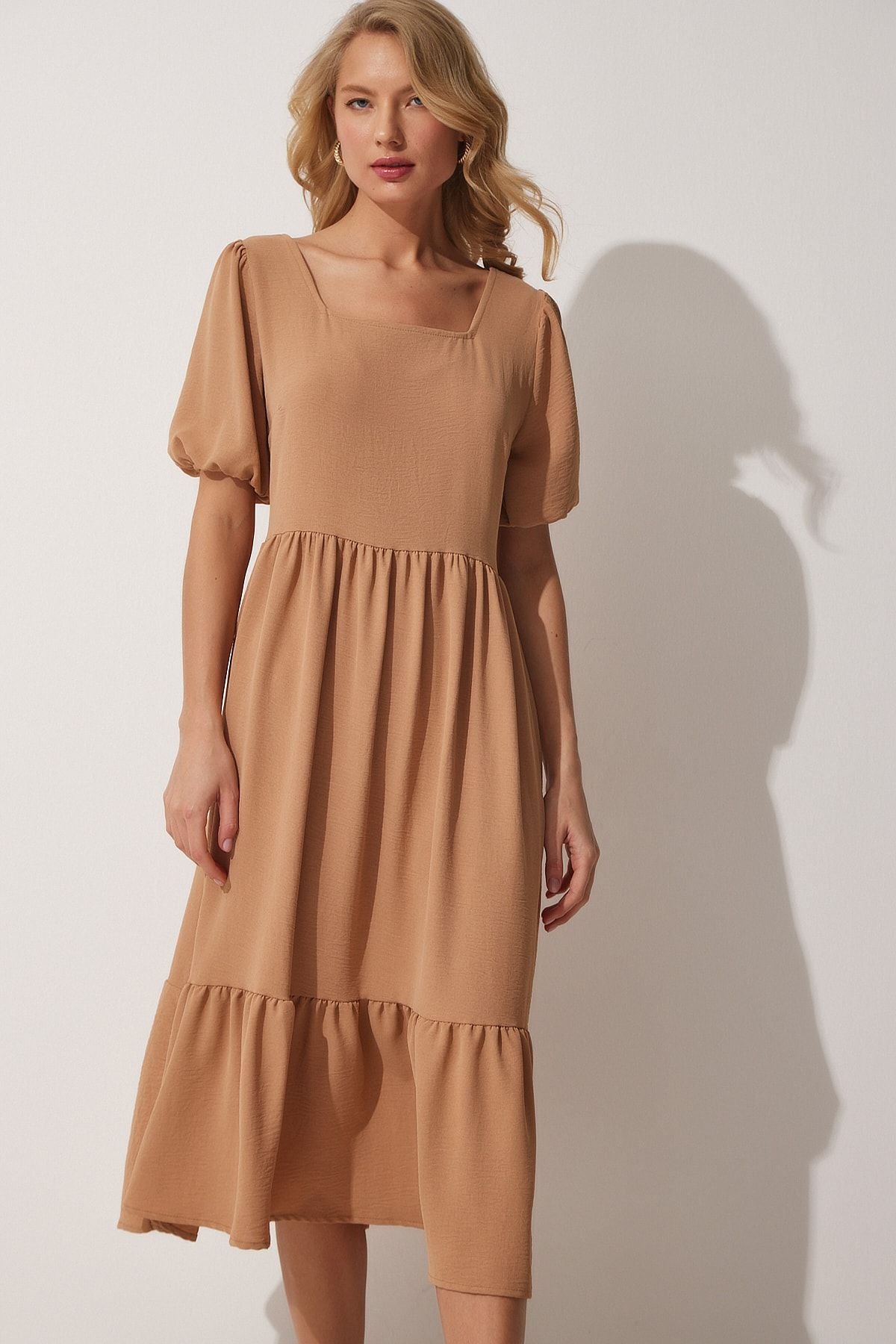 Female Biscuit Square Collar Summer Summer AYROBİN Dress ZH00023