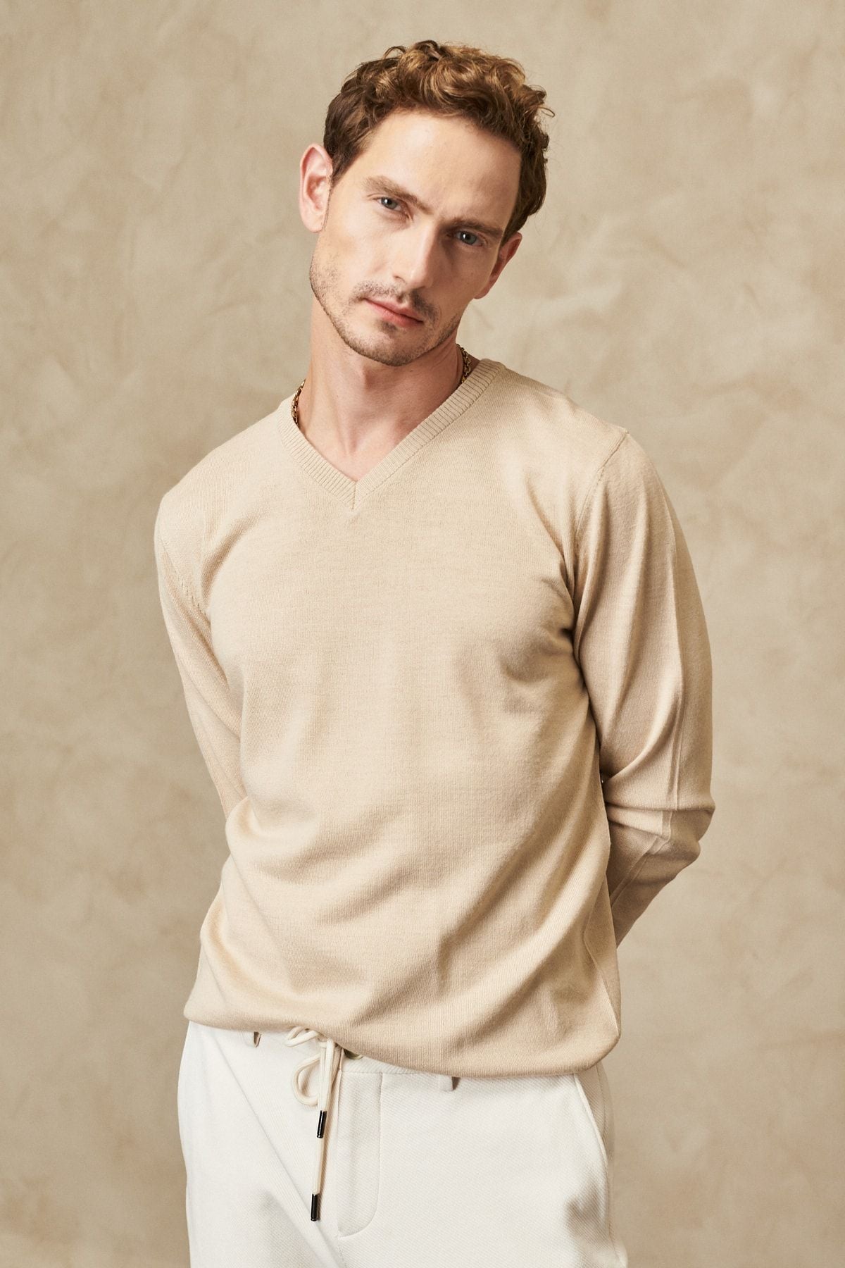 Men's Beige Standard Fit Normal Cut V -Neck Wool Comfortable Knitwear Sweater