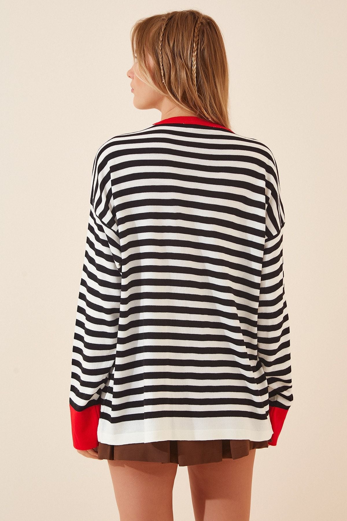 Woman Red White Embroidered Striped Oversize knitwear sweater MT00045