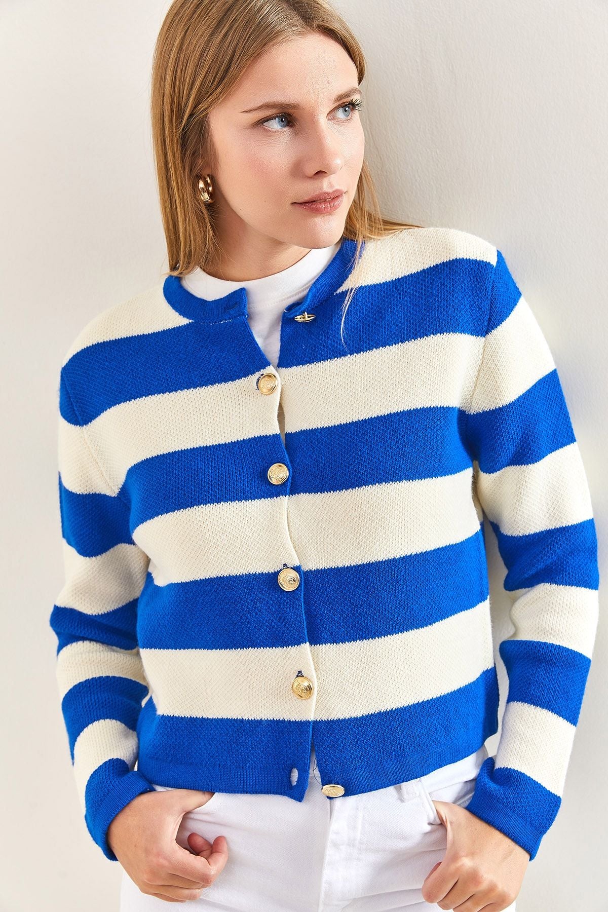 Women's metal button thick striped knitwear cardigan