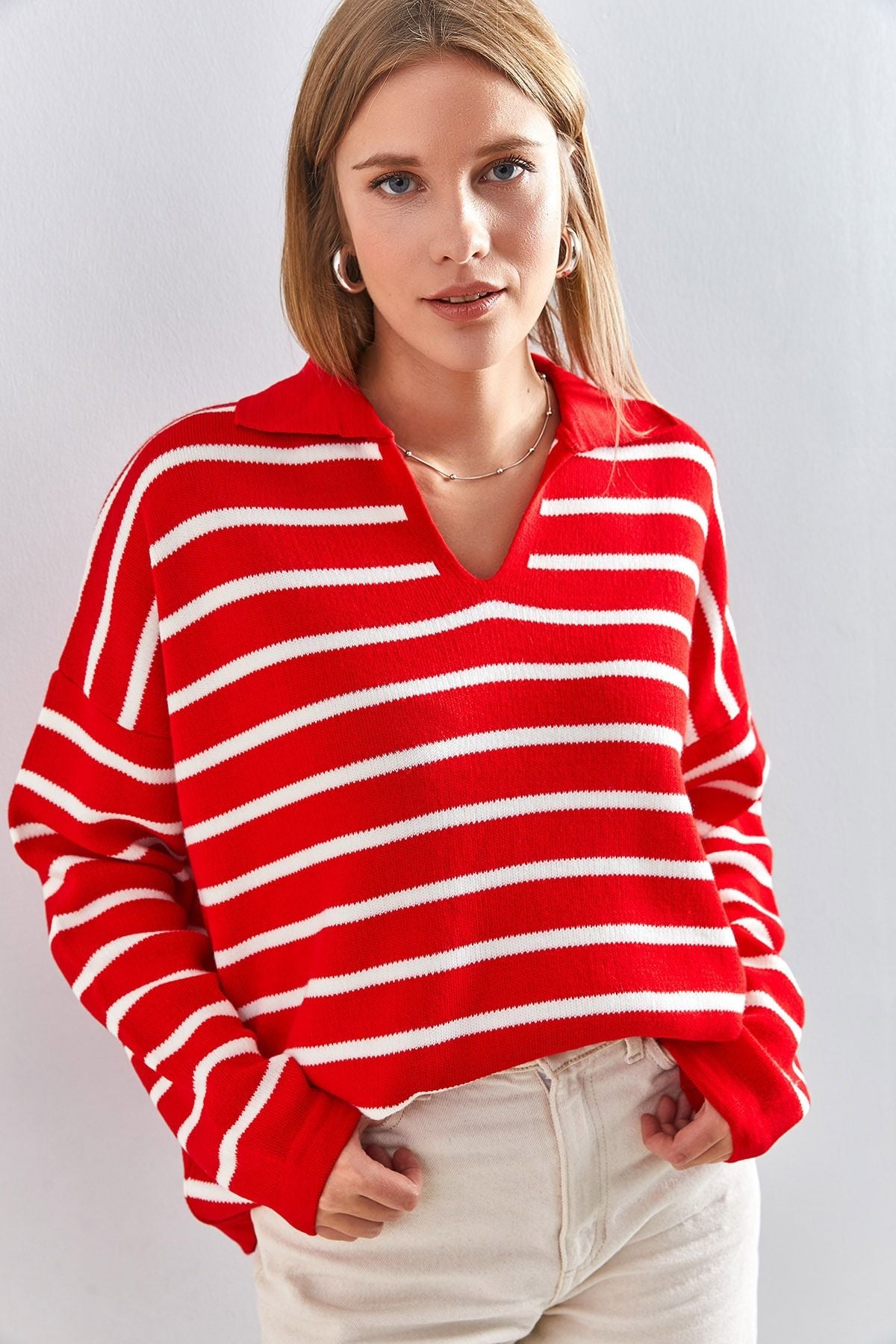 Woman Polo Yaka Striped Oversize Knitwear Sweater