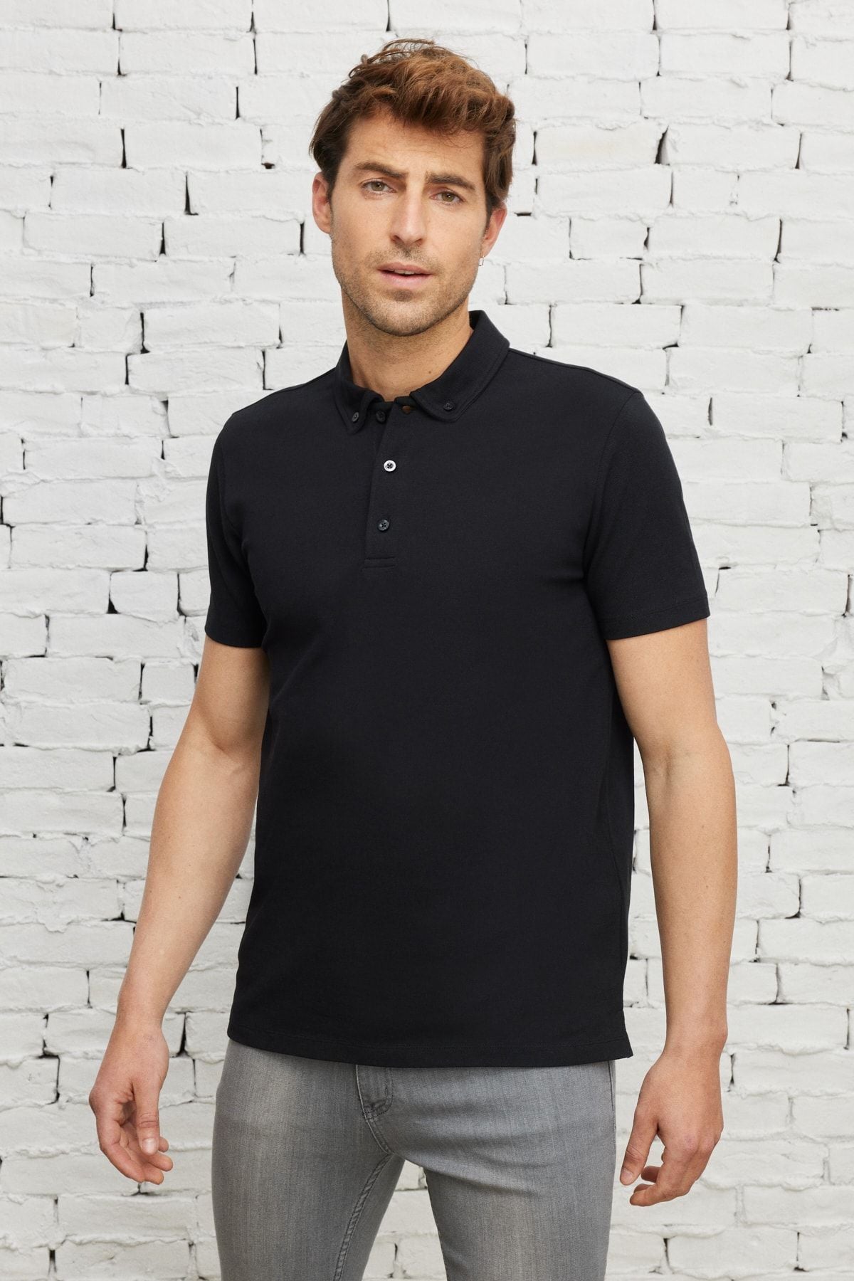 Men's black slim fit narrow cut polo collar cotton t -shirt