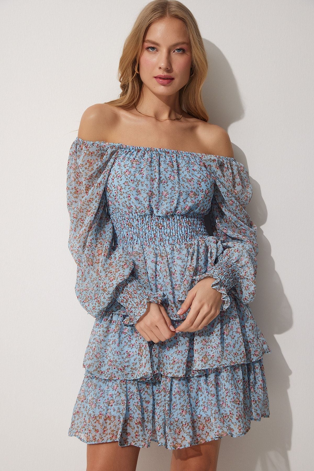 Woman Sky Blue Flower Carmen collar chiffon dress DK00146