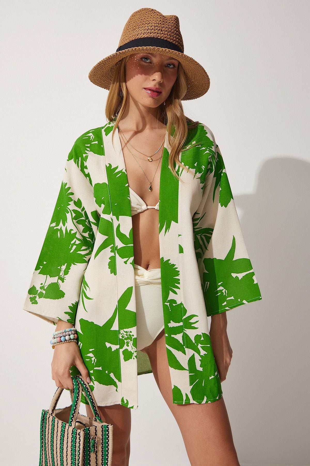 Female Beige Green Patterned Kimono BH00381