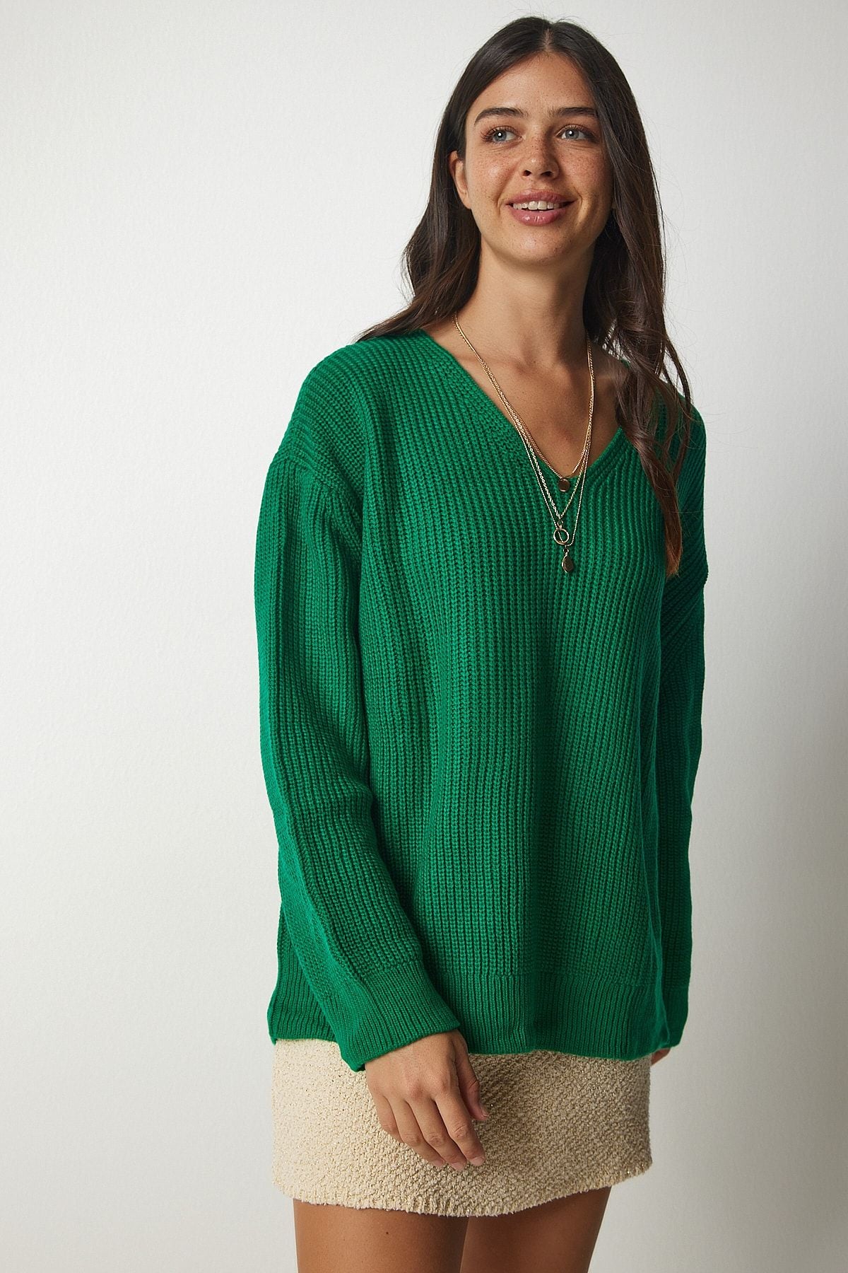 Kadın Koyu Yeşil V Yaka Oversize Basic Triko Kazak MX00130