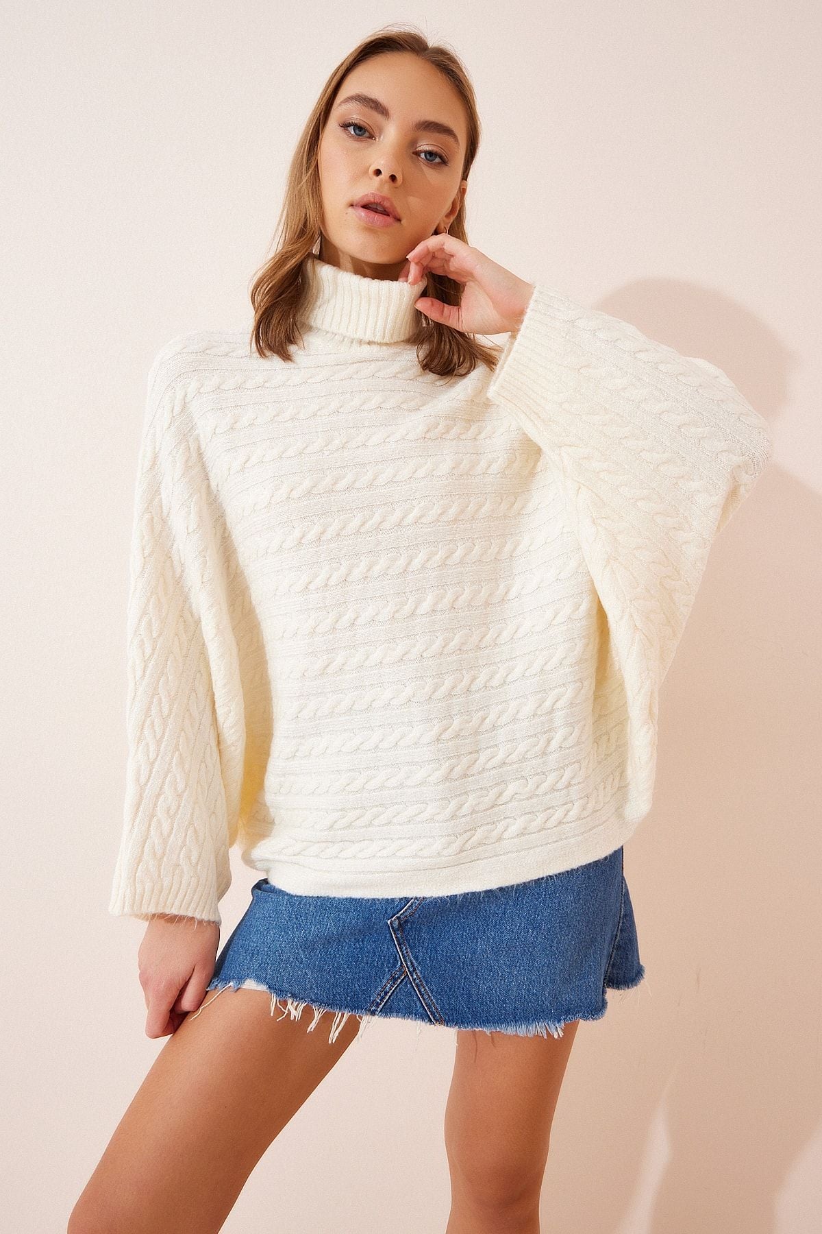 Female Bone Fisherman Neck Oversiz Pancho Knitwear Sweater US00873
