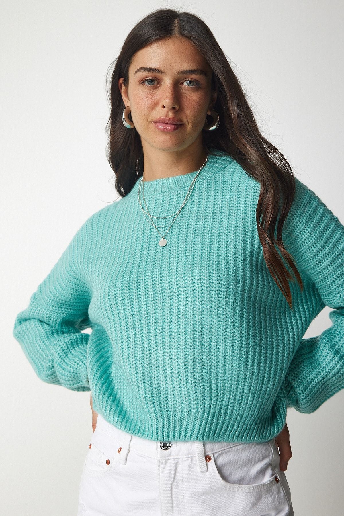 Women's Water Green Balloon Sleeze Basic Knitwear Kazakh BV00098