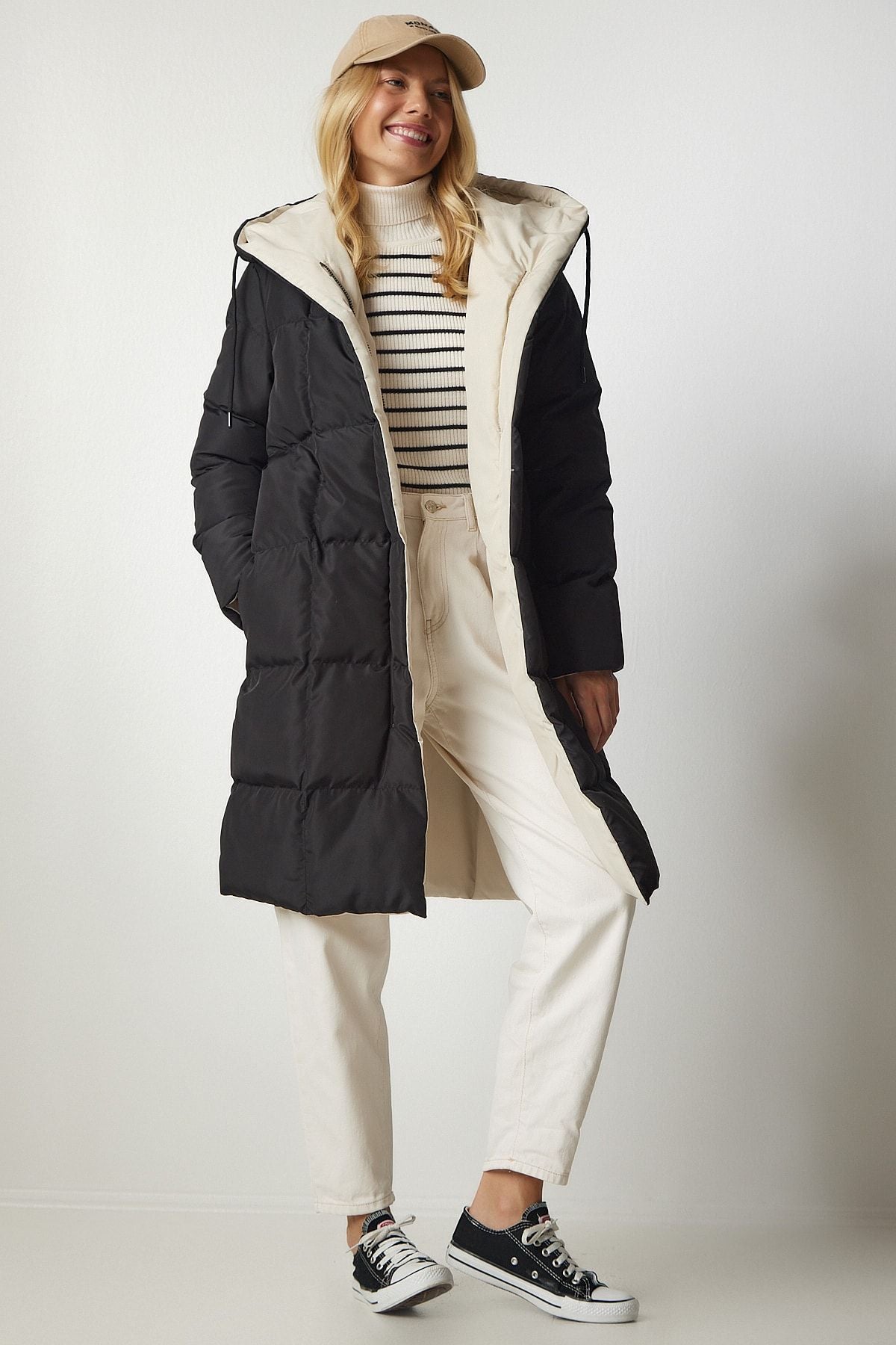 Female Black Cream Hooded Swelling Coat VP00005