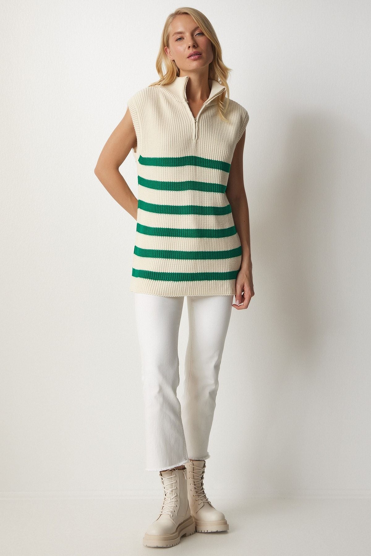 Women's Cream Green Zippered collar striped sweater MX00123