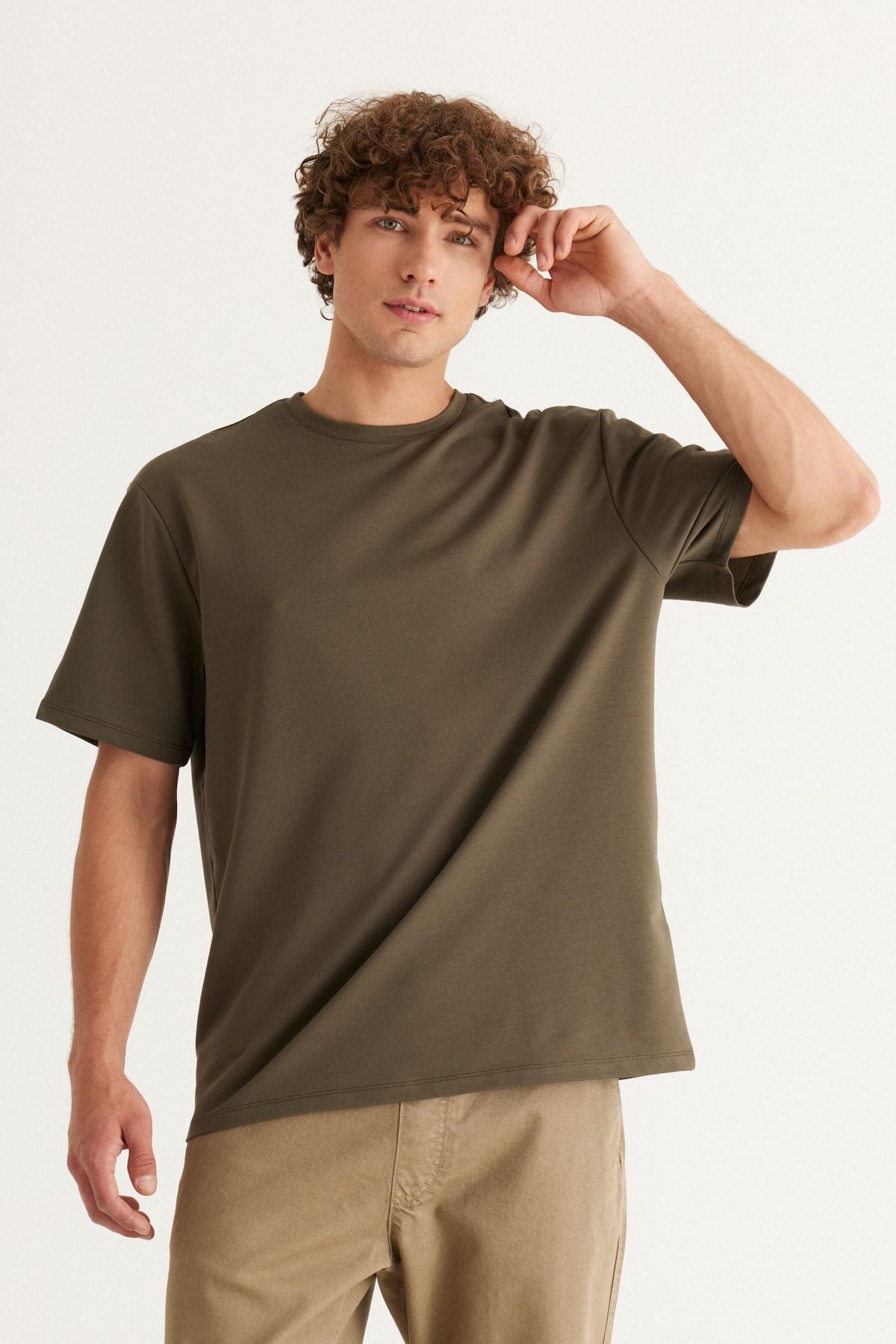 Men's Khaki Comfort Fit Casual Cut Bicycle Collar Cotton T -shirt