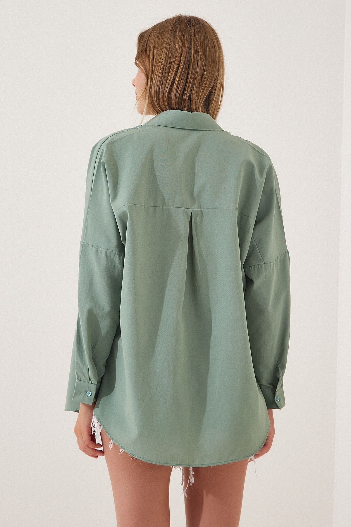 Woman Dark Cagla Green Oversize Long Basic Shirt DD00842